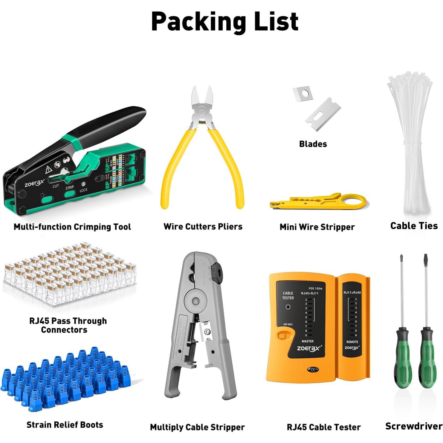 Kit de Crimpado RJ45 ZOERAX 10 en 1 con 50 Conectores Cat6