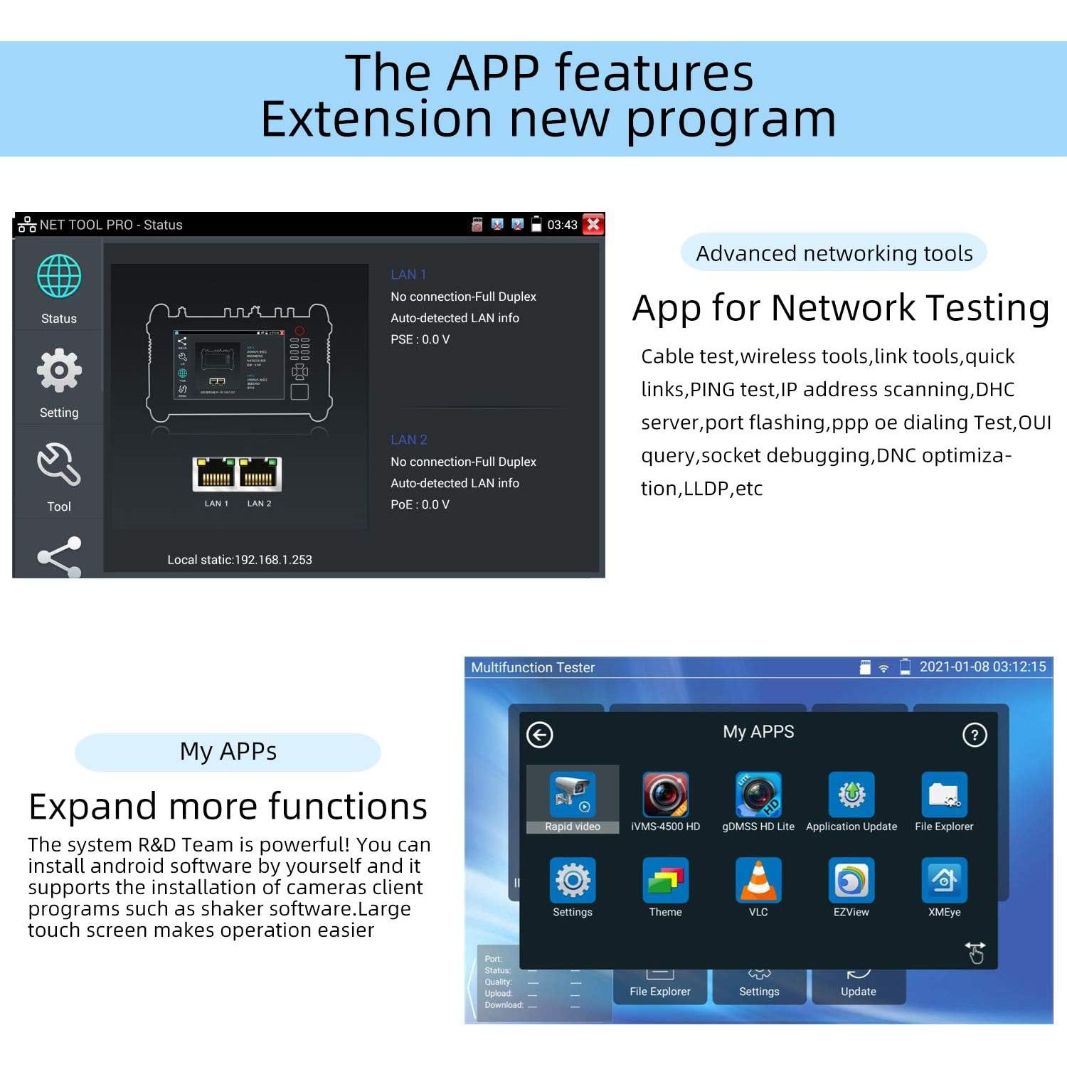 Koolertron Probador de Cámara 7" Pantalla Táctil 4K H.265