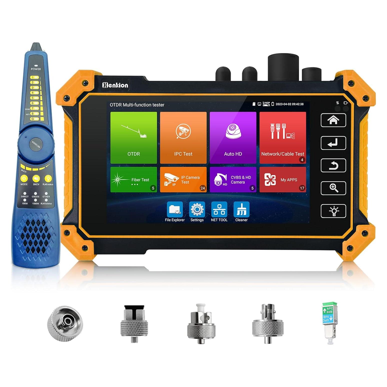 Henkion OTDR Optical Fiber Tester 1310/1550nm 28/26dB Range 150km Optic Fiber Test IPC Tester TVI/CVI/AHD/CVBS Cable Test Network Tools Connectors FC/UPC,SC,ST,LC OPM OLS LS VFL Event Map