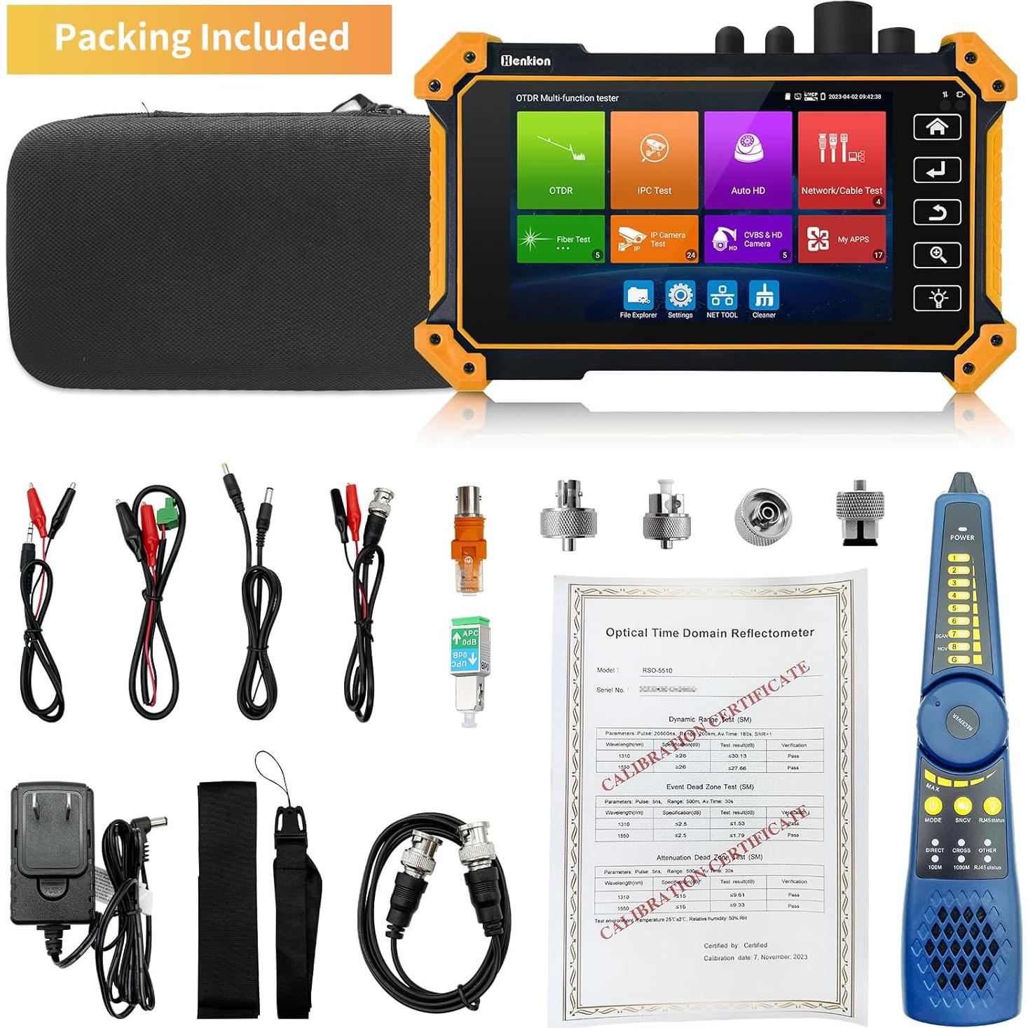 Henkion OTDR Optical Fiber Tester 1310/1550nm 28/26dB Range 150km Optic Fiber Test IPC Tester TVI/CVI/AHD/CVBS Cable Test Network Tools Connectors FC/UPC,SC,ST,LC OPM OLS LS VFL Event Map