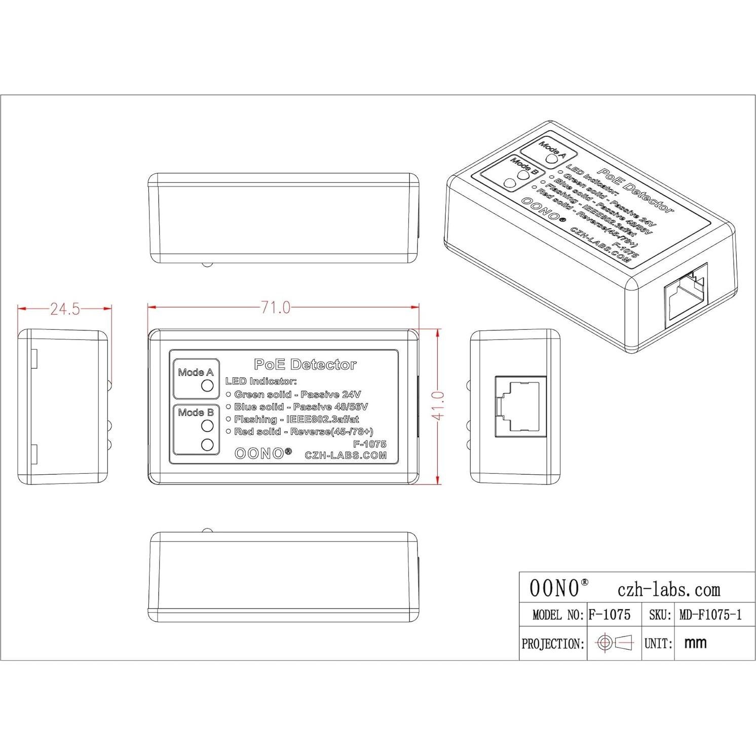 Detector PoE OONO F-1075 RJ45 Identificador 802.3af/at 24V/48V