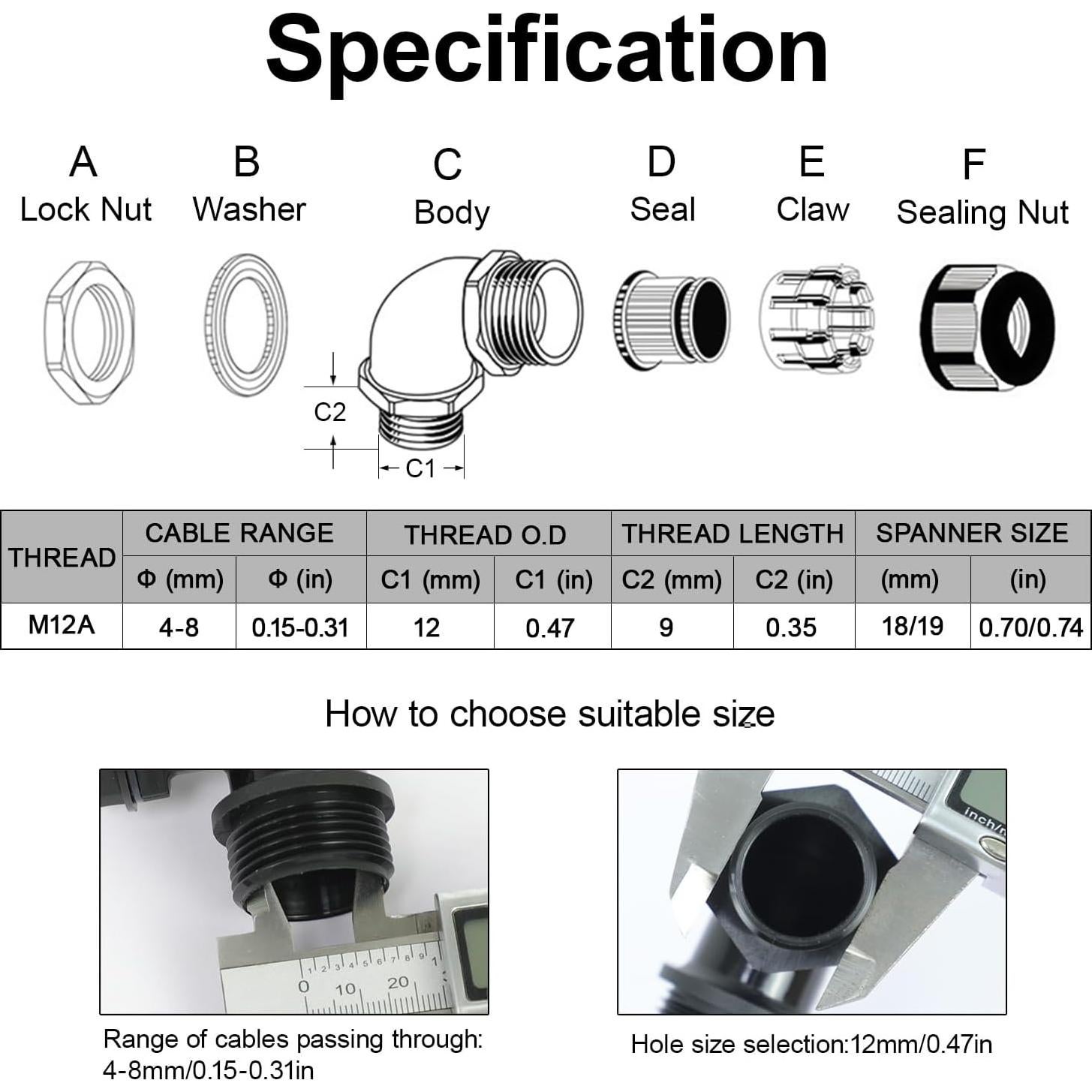 Conectores de Cable M12 LeMotech 90 Grados 4-8mm 2 Pcs Negro
