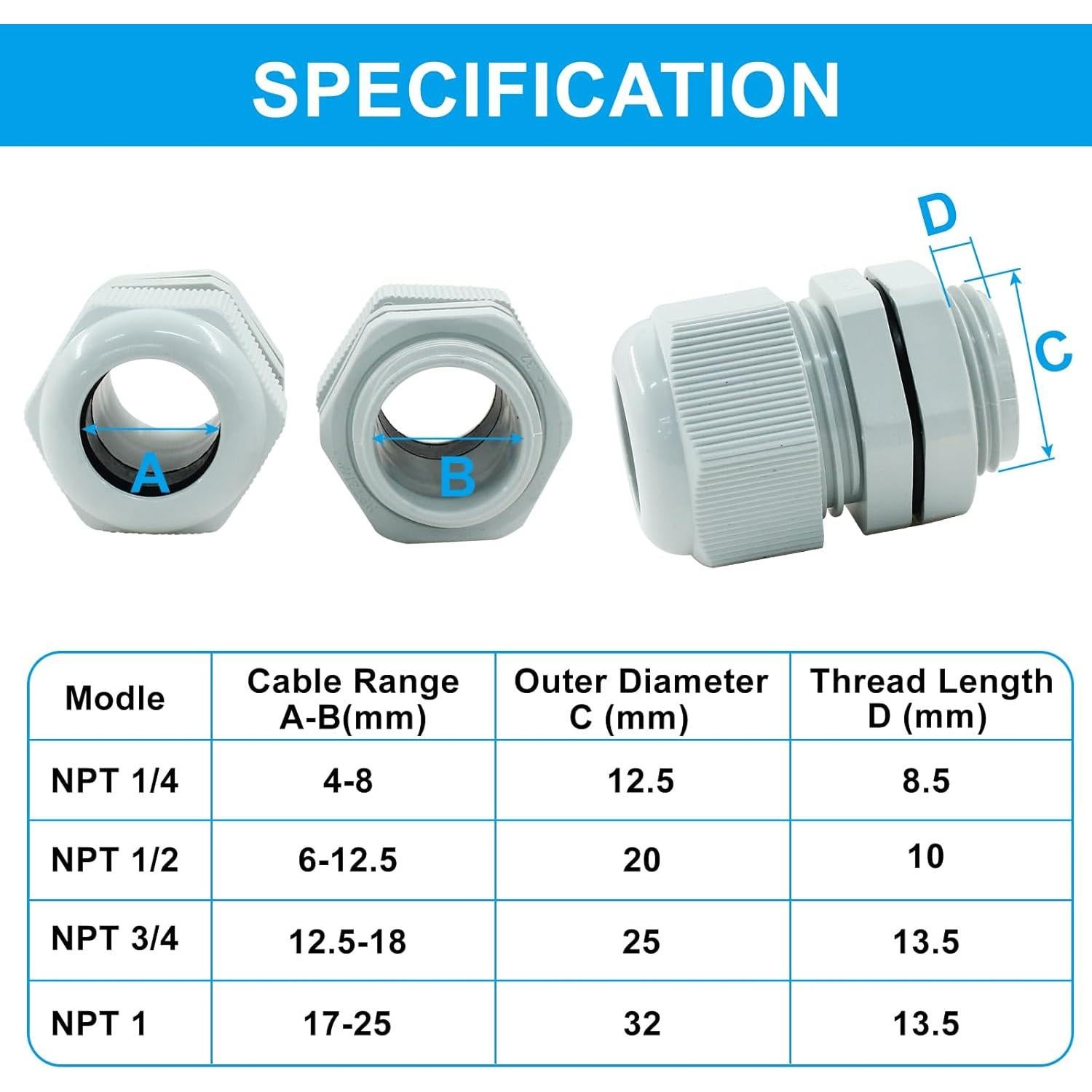 5 Conectores de Cable Impermeables NPT 3/4" PHITUODA Gris