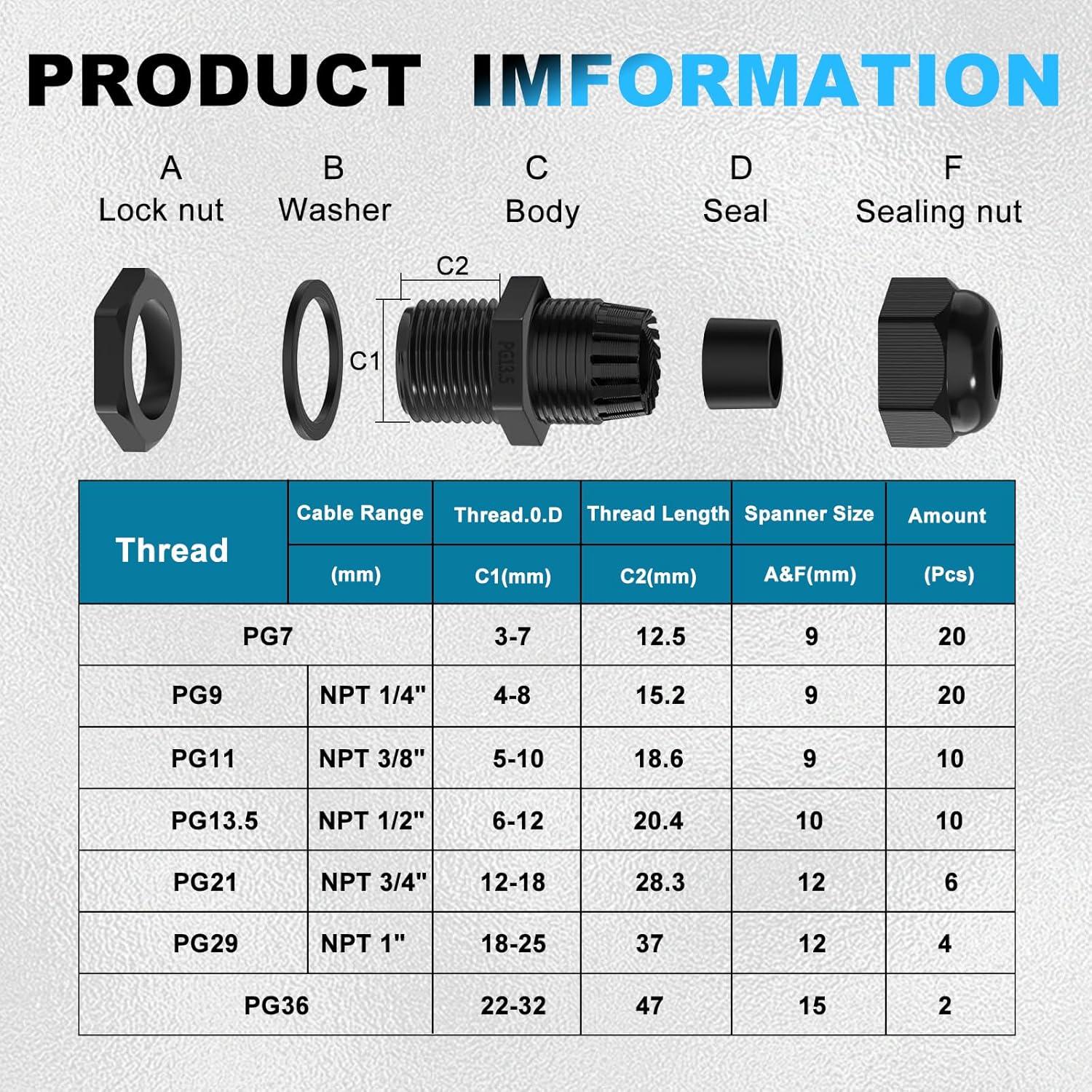 Kit de Conectores de Cable Impermeable 72 PCS Nylon IP68