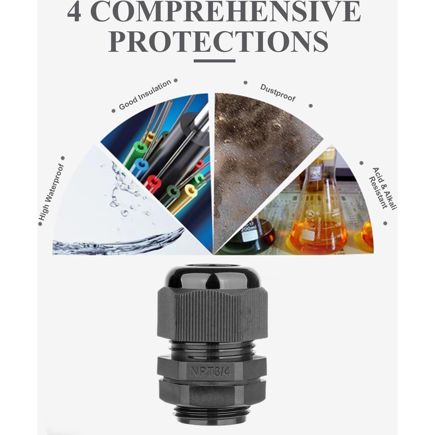 Juntas de Cable Impermeables Fielect NPT 3/4 Negro 4 Pcs 12-18mm