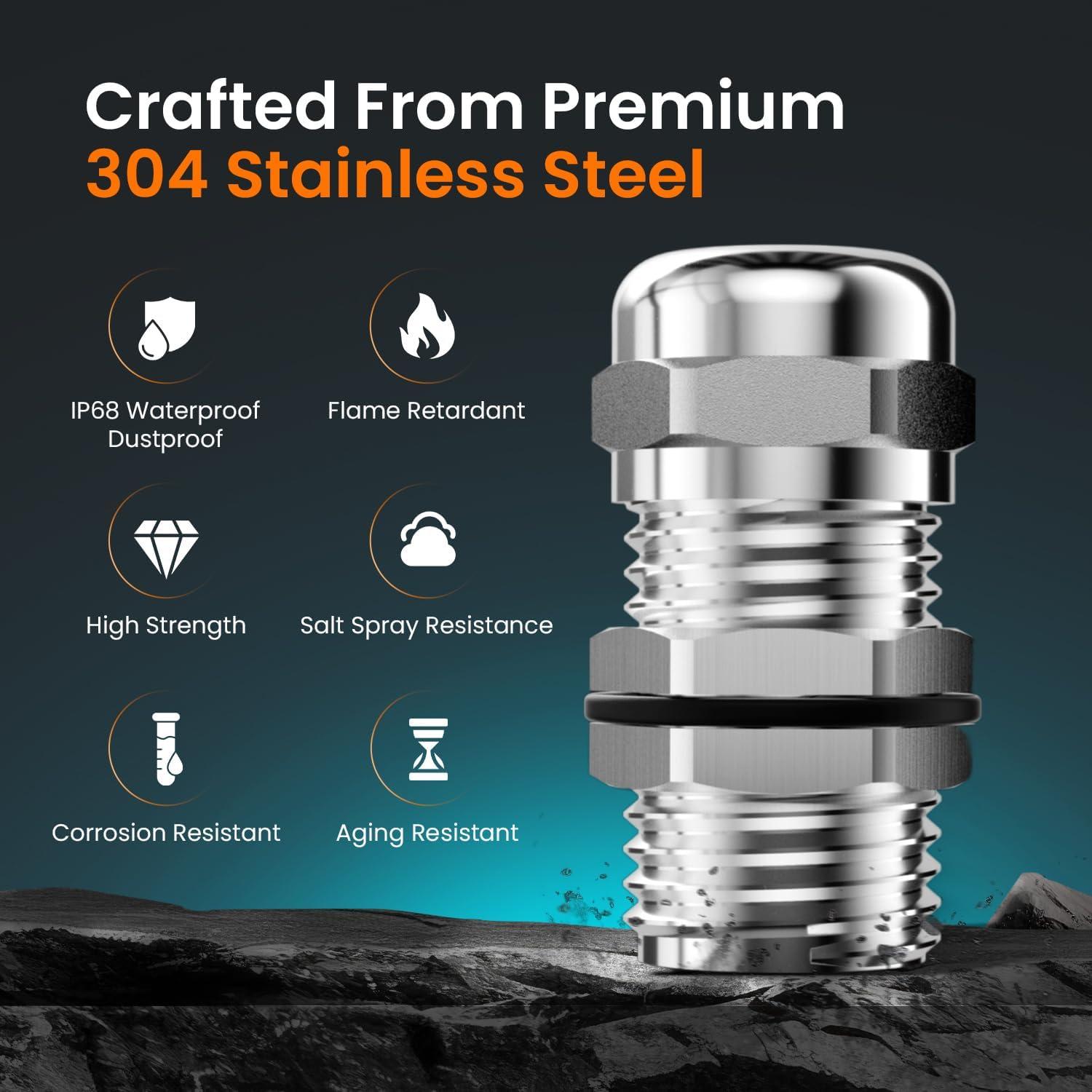 QILIPSU 10 Piezas Gland de Cable IP68 Acero Inoxidable 304