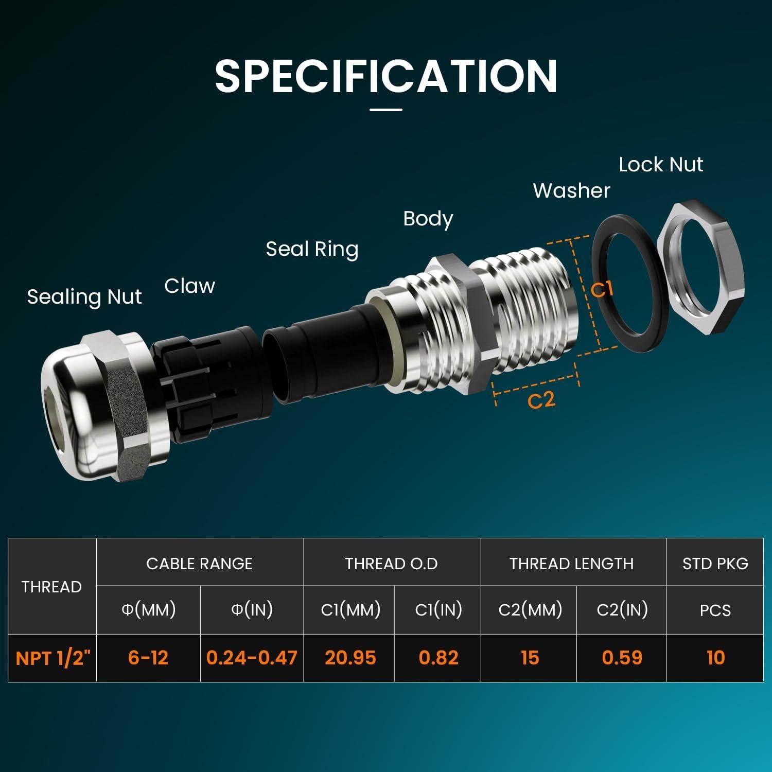 QILIPSU 10 Piezas Gland de Cable IP68 Acero Inoxidable 304