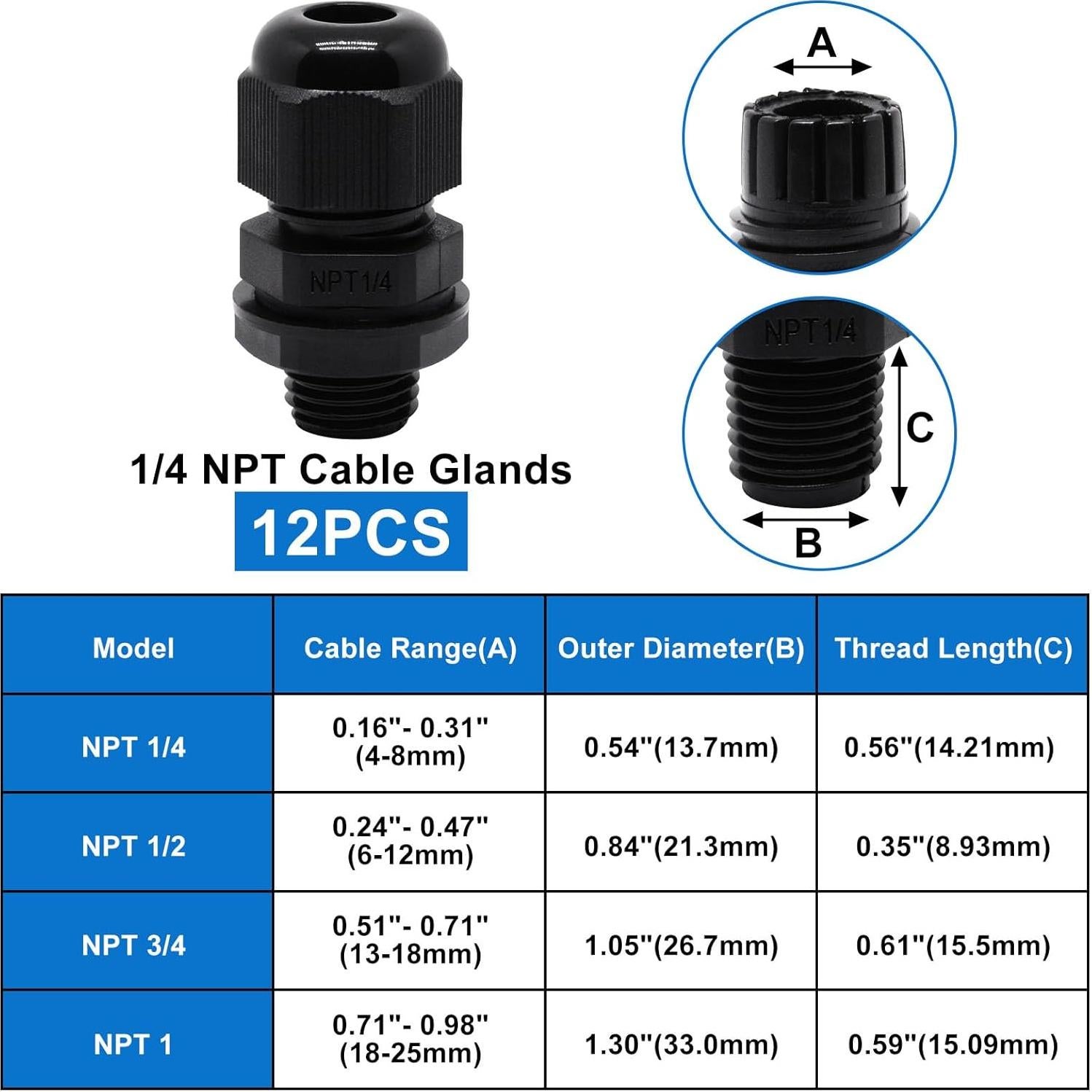 Gland de Cable Impermeable Sydien 12Pcs 1/4" NPT Nylon IP68