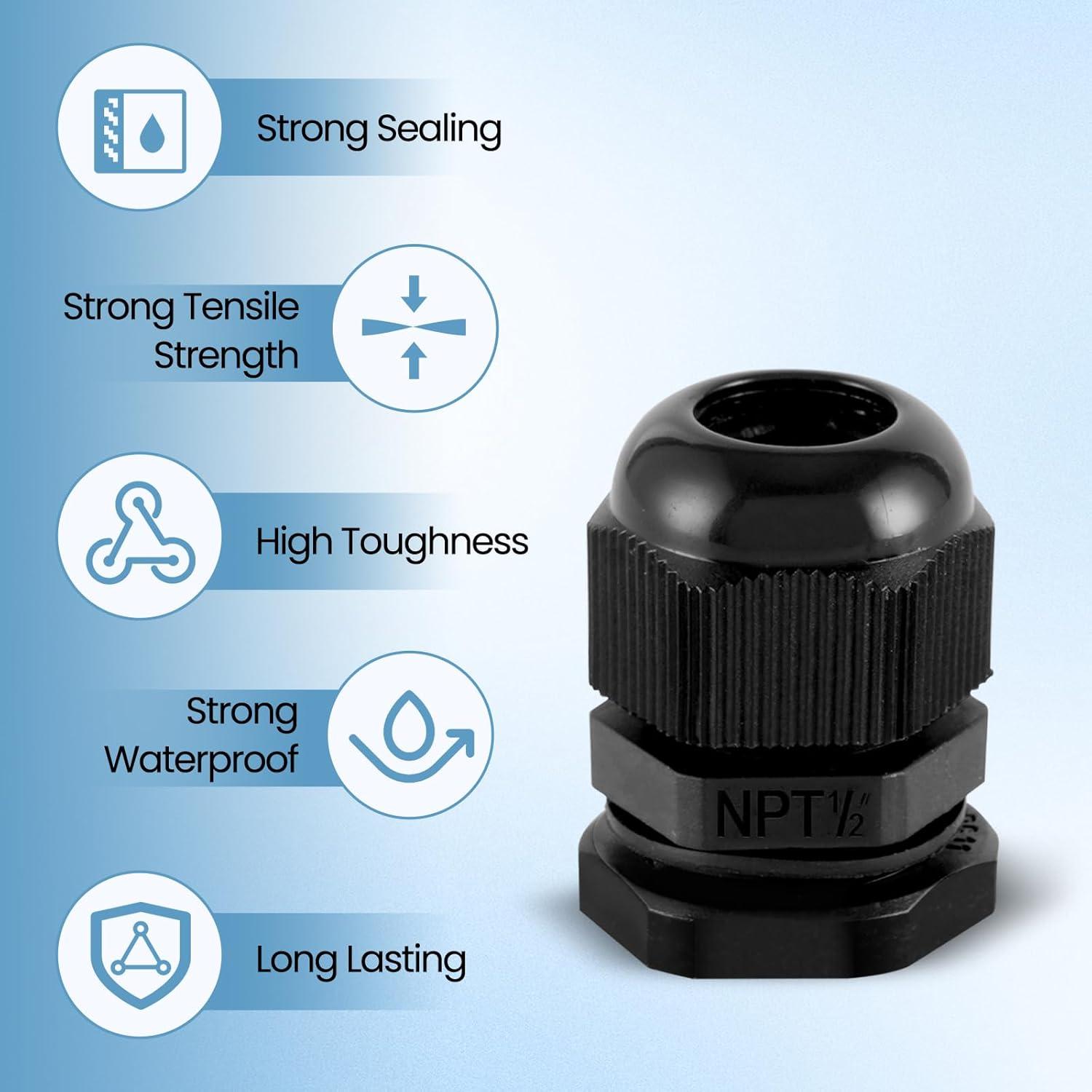 20 Conectores de Cable Impermeables NPT 1/2" Nylon Ajustables