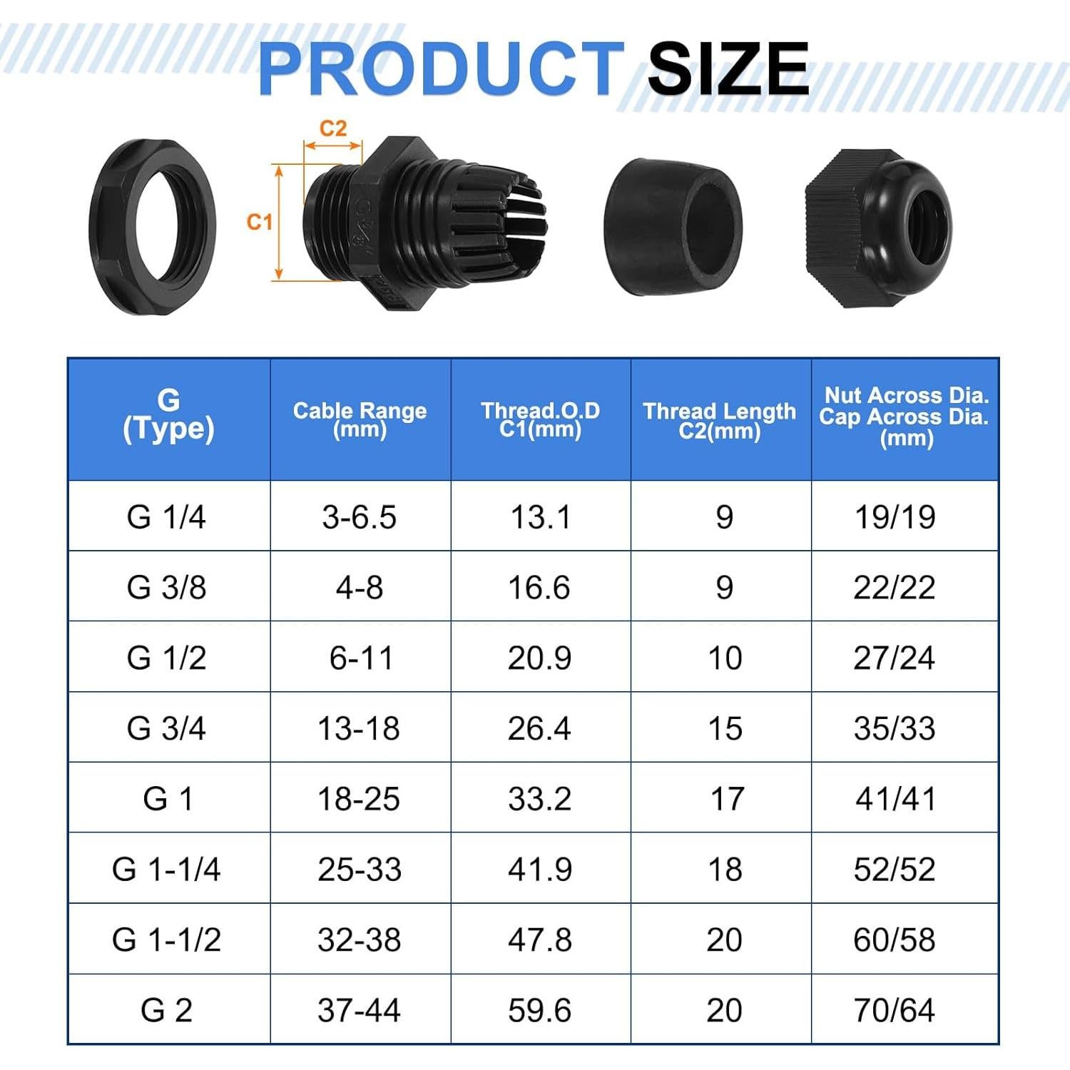 Conector de Cable Impermeable uxcell G 1/2 Nylon 5 Pcs 6-11mm