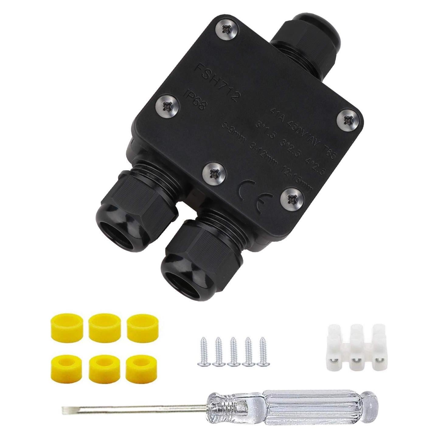 Caja de Conexiones Impermeable Helunsi 3 Vías IP68 Negra