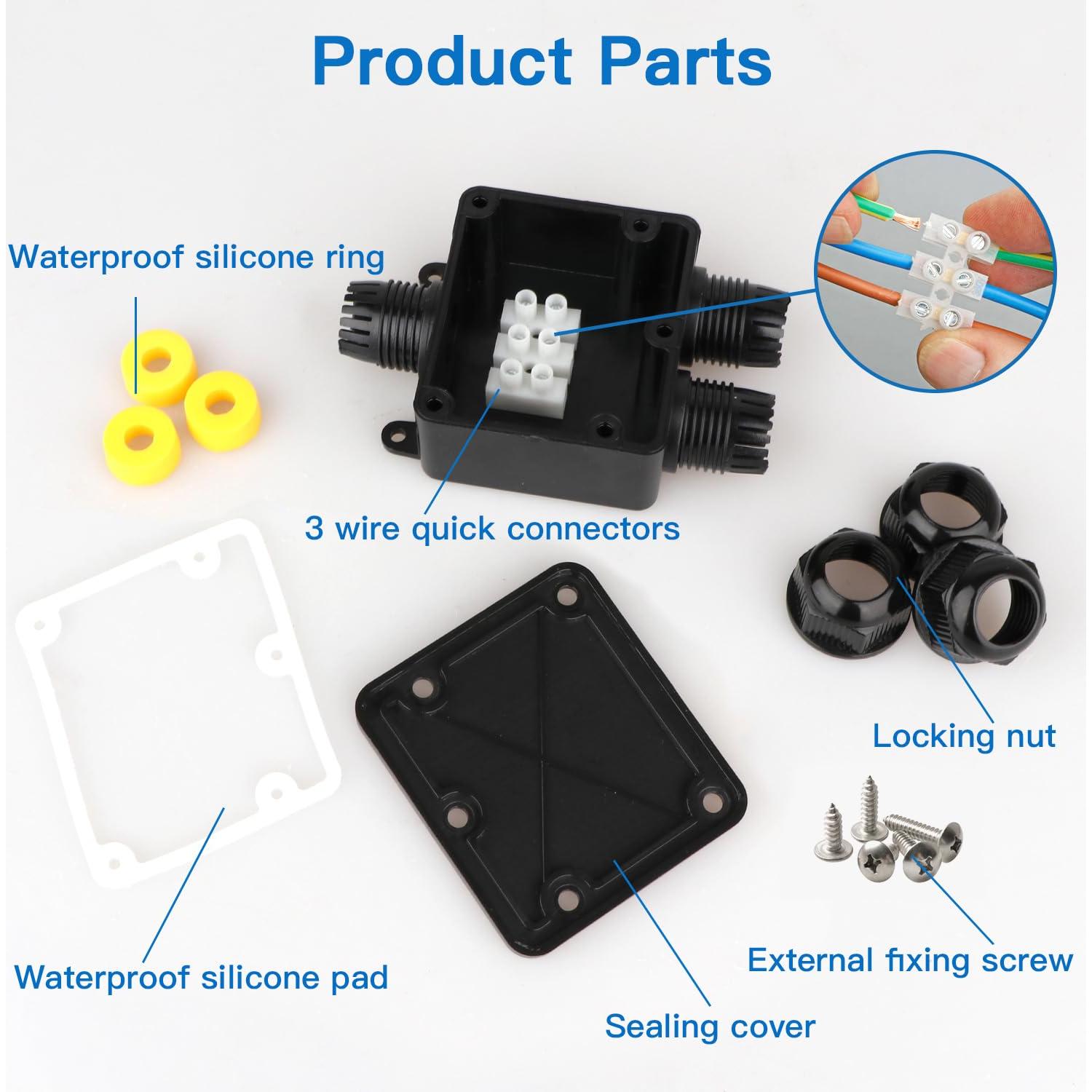 Caja de Conexiones Impermeable Helunsi 3 Vías IP68 Negra