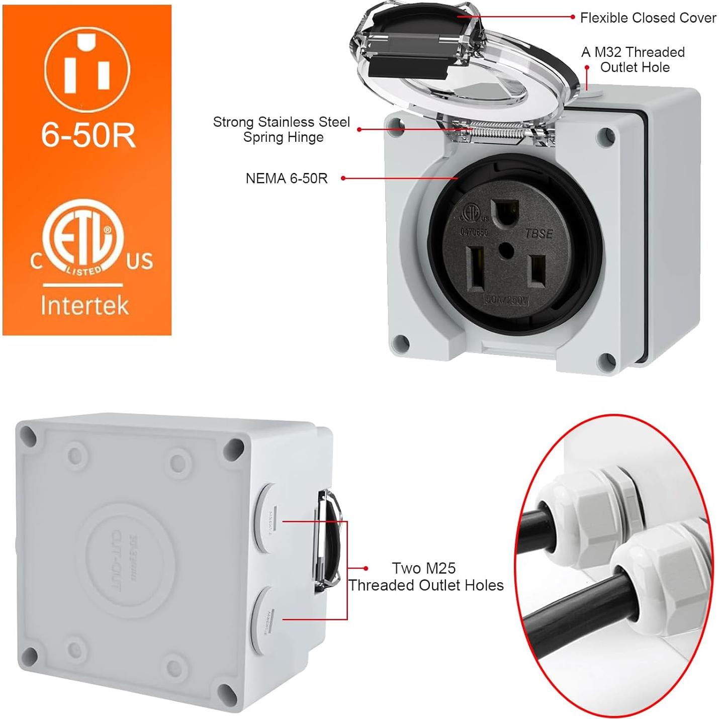 Caja de Salida de Poder NEMA 6-50 50A 250V Impermeable Suplevel