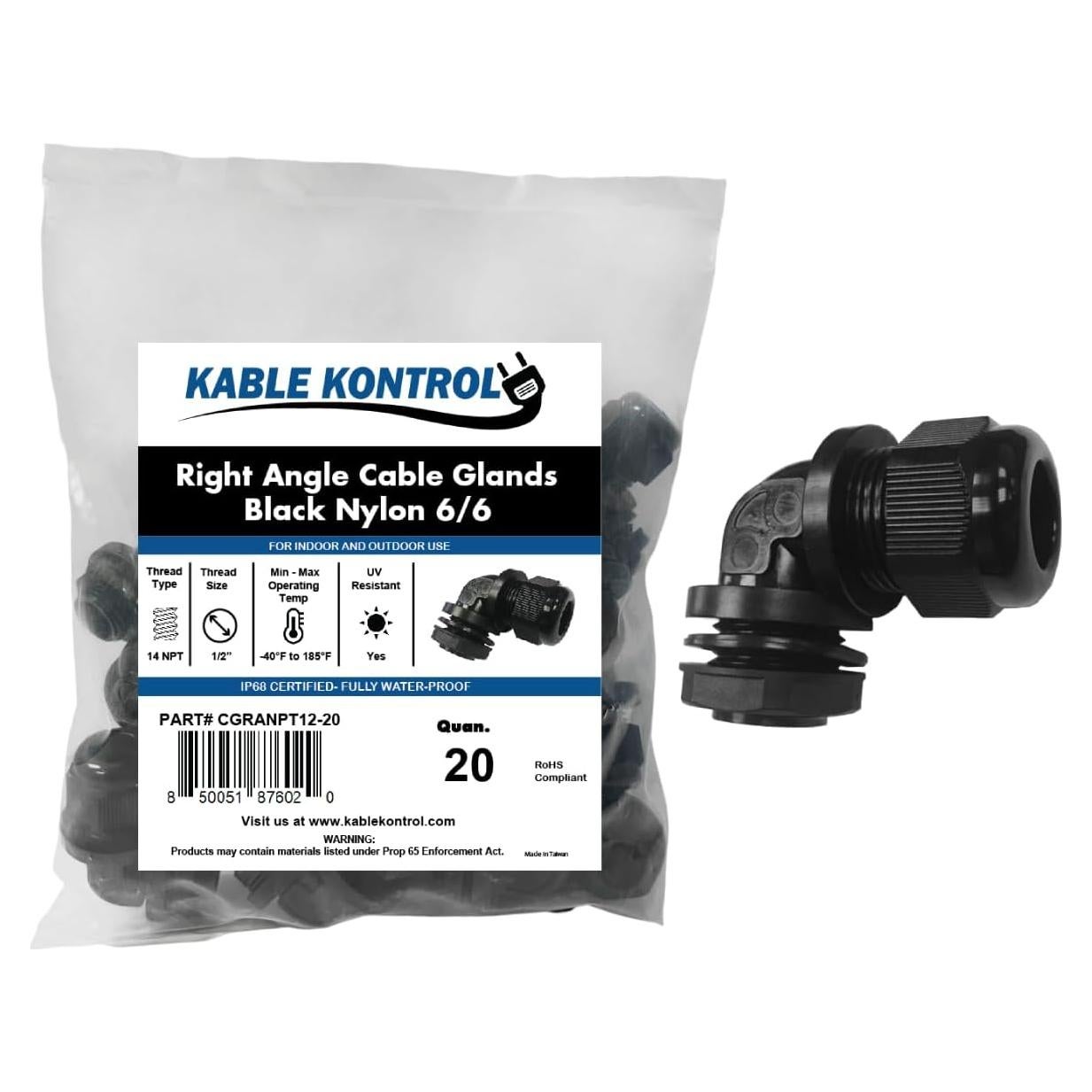 Conectores de Cable en Codo Nylon Kable Kontrol 1/2" 20 Pcs
