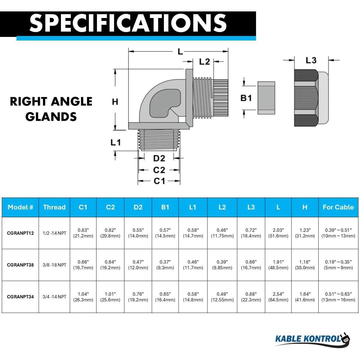 Conectores de Cable en Codo Nylon Kable Kontrol 1/2" 20 Pcs
