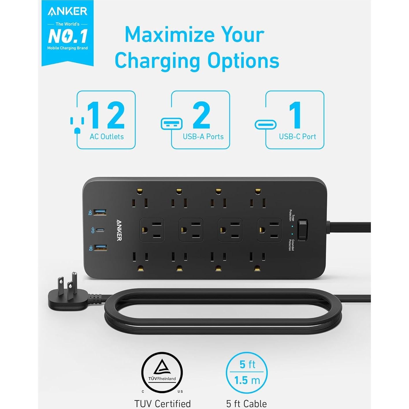 Regleta de Alimentación Anker 351 con 12 Salidas AC y USB