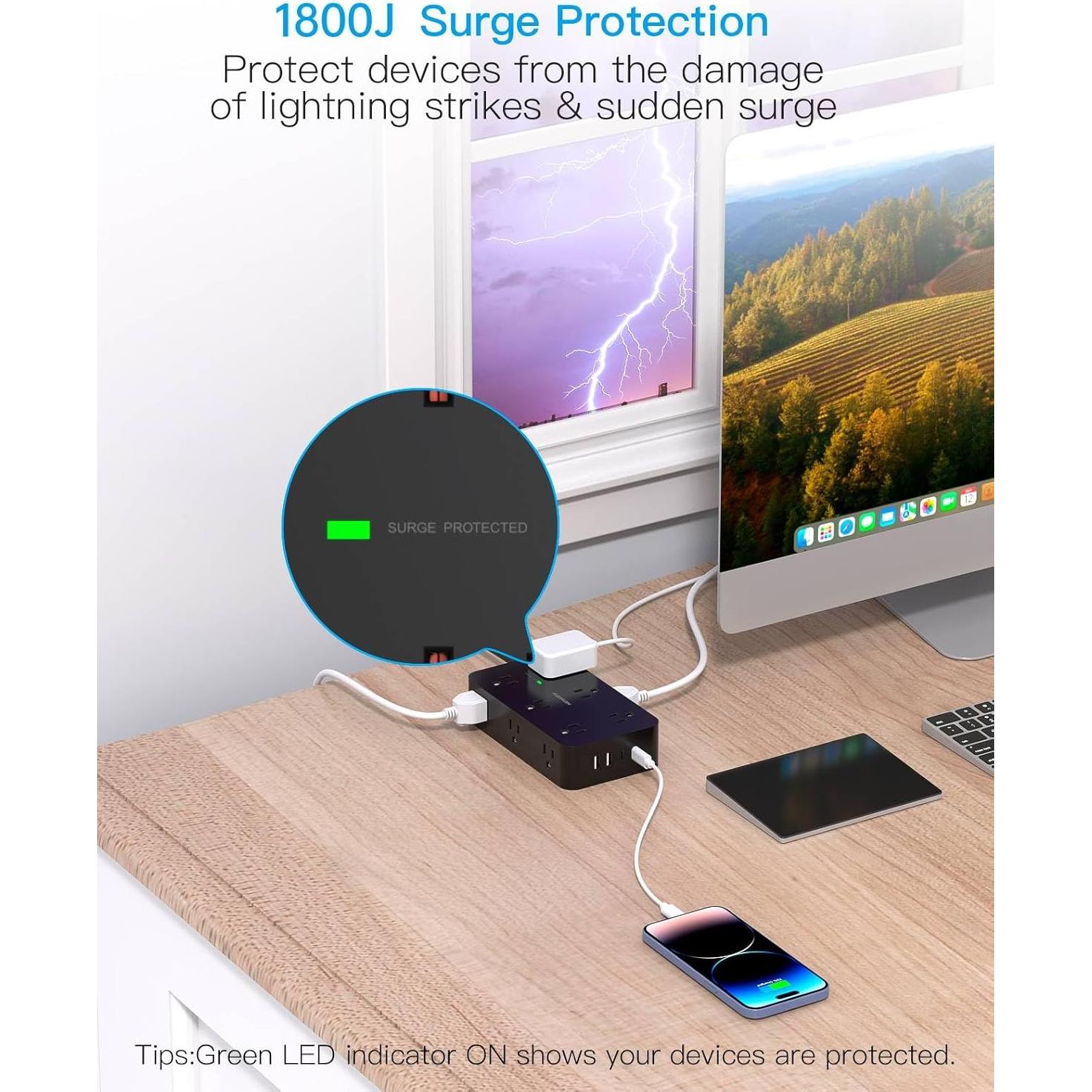 Regleta de Sobretensión HANYCONY 12 Salidas 4 USB C 1.83m