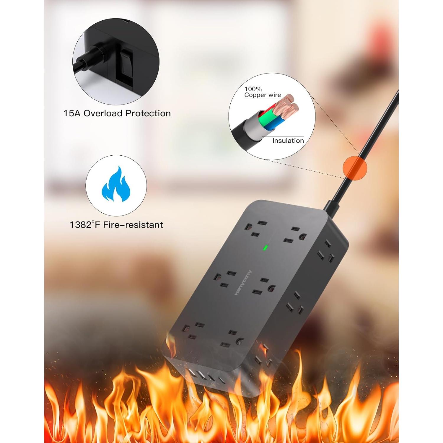 Regleta de Sobretensión HANYCONY 12 Salidas 4 USB C 1.83m