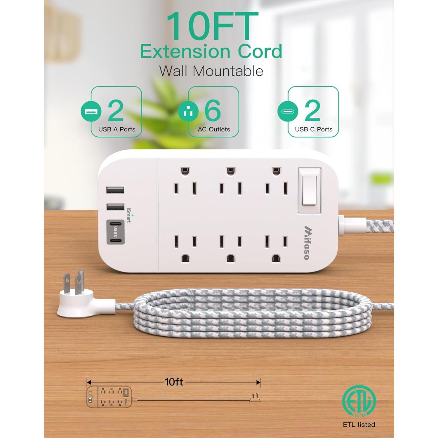 Regleta de Energía MIFASOPOWER 3m 6 Salidas 4 USB Montable