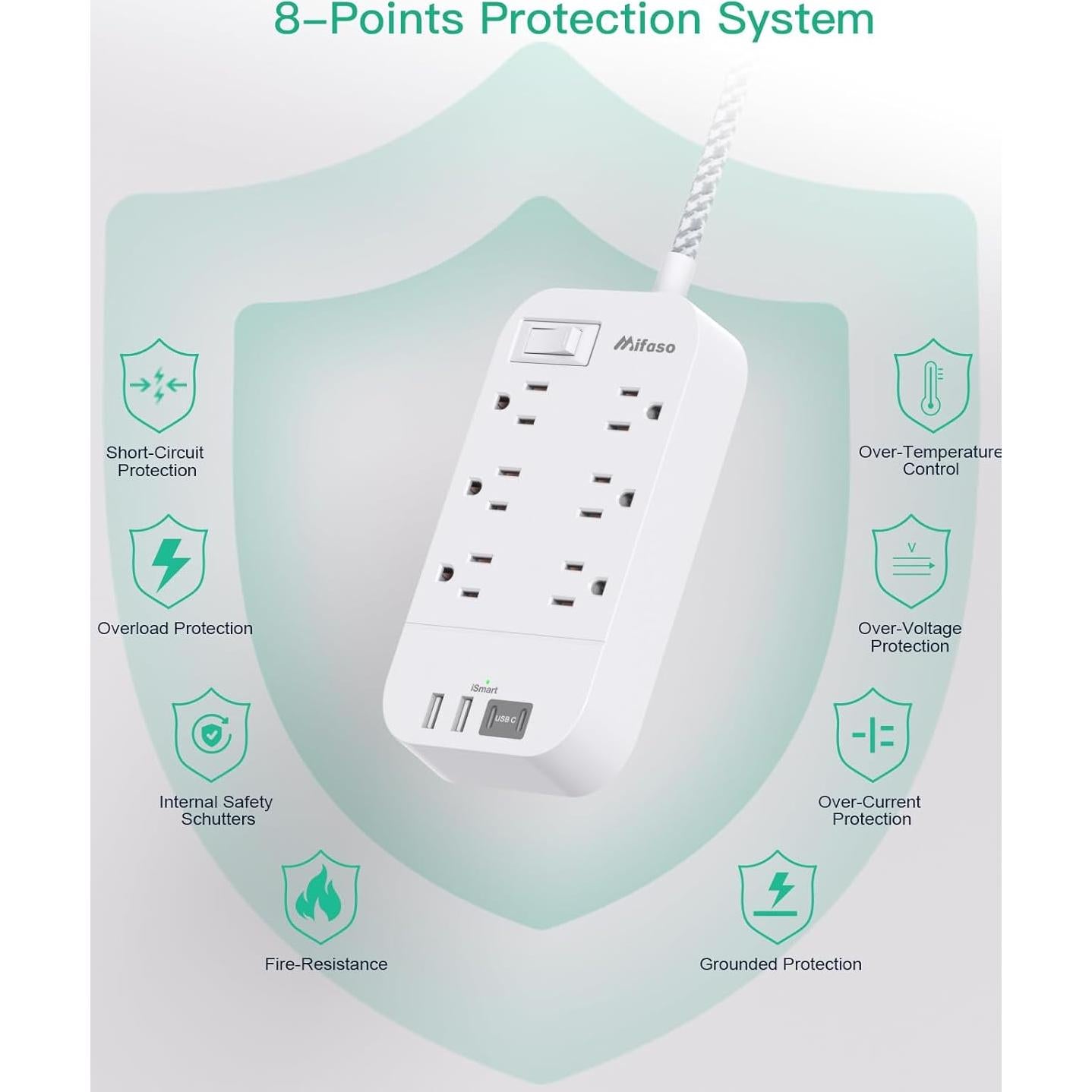 Regleta de Energía MIFASOPOWER 3m 6 Salidas 4 USB Montable