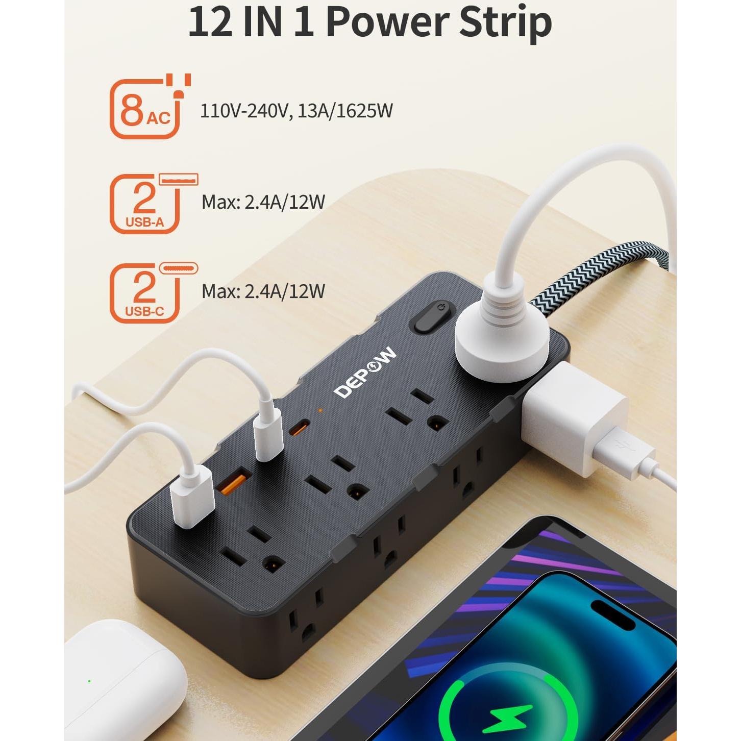 Regleta de Alimentación DEPOW 12 en 1 con 8 Salidas y 4 USB