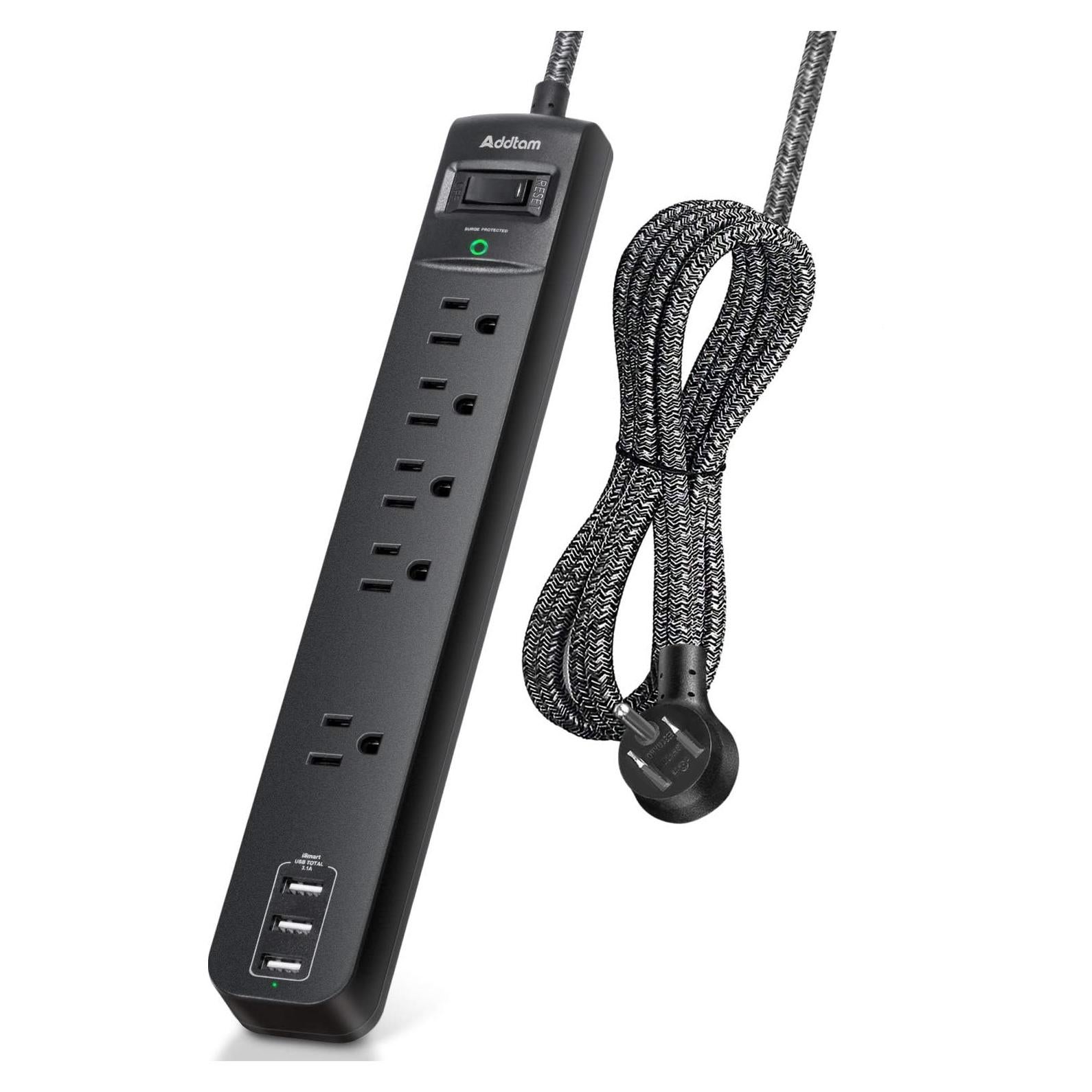 Regleta de Protección Addtam 10 Pies 5 Salidas 3 USB 900 Julios