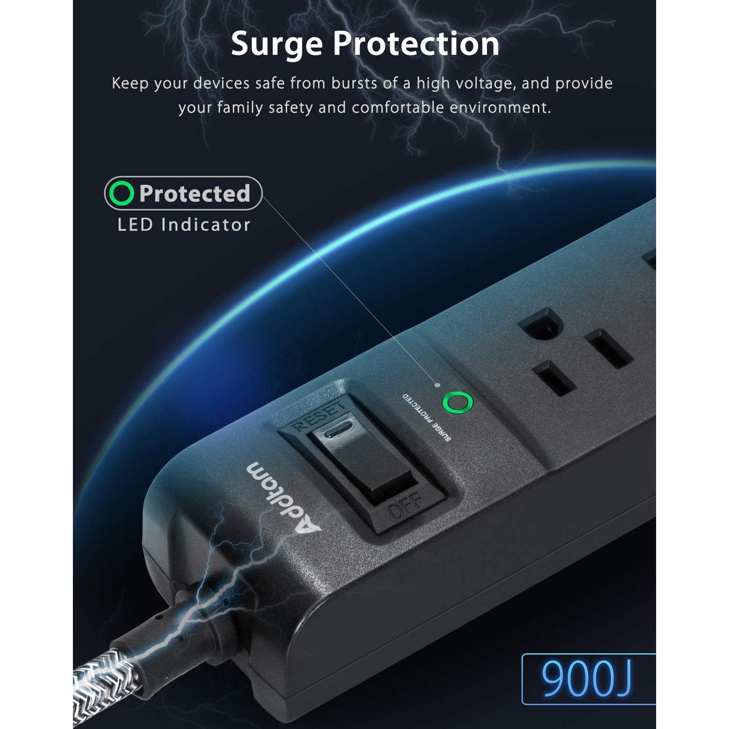 Regleta de Protección Addtam 10 Pies 5 Salidas 3 USB 900 Julios