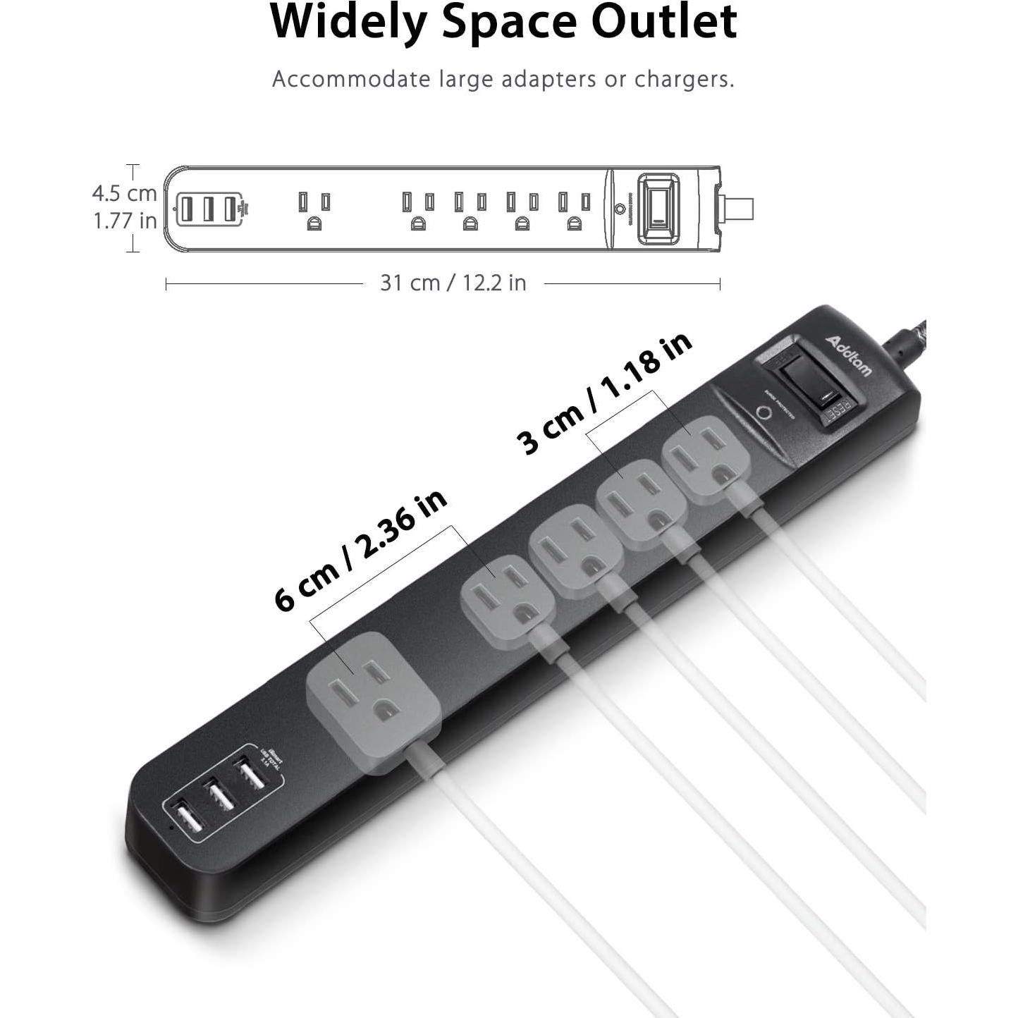 Regleta de Protección Addtam 10 Pies 5 Salidas 3 USB 900 Julios