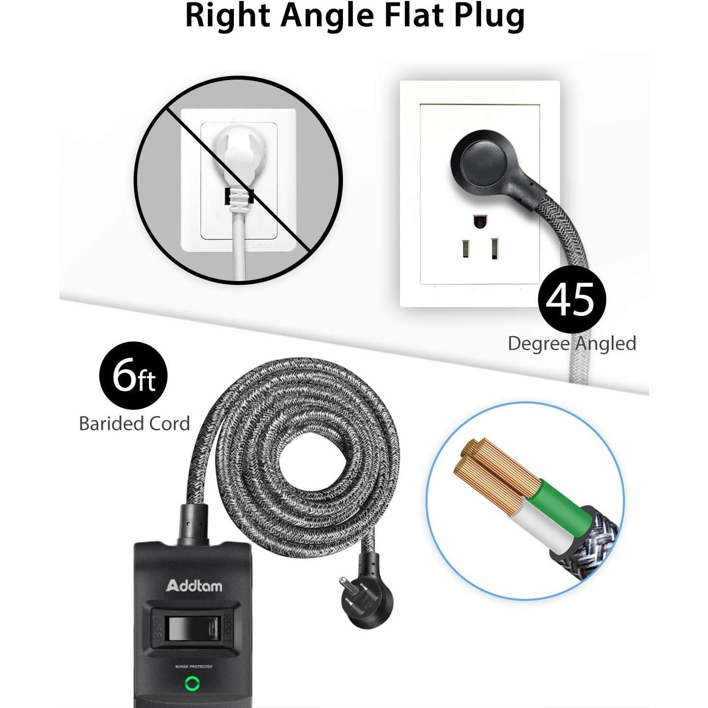 Regleta de Protección Addtam 10 Pies 5 Salidas 3 USB 900 Julios