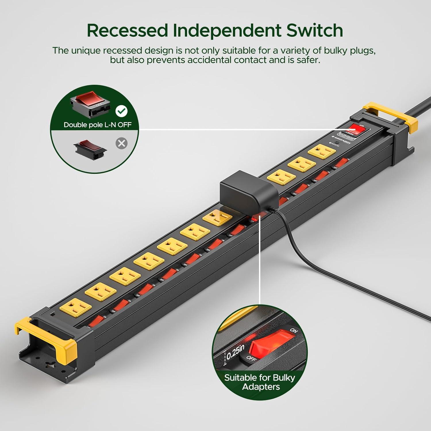 Regleta de Enchufes Green Box 12 Salidas 3300J Metal 6 pies