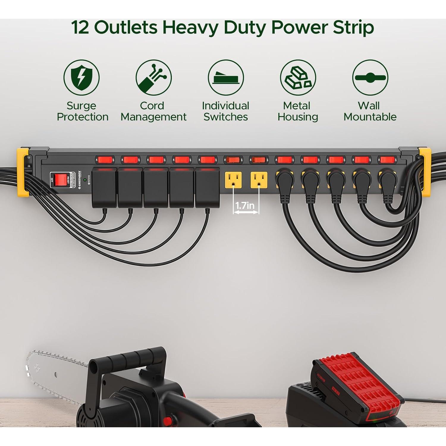 Regleta de Enchufes Green Box 12 Salidas 3300J Metal 6 pies