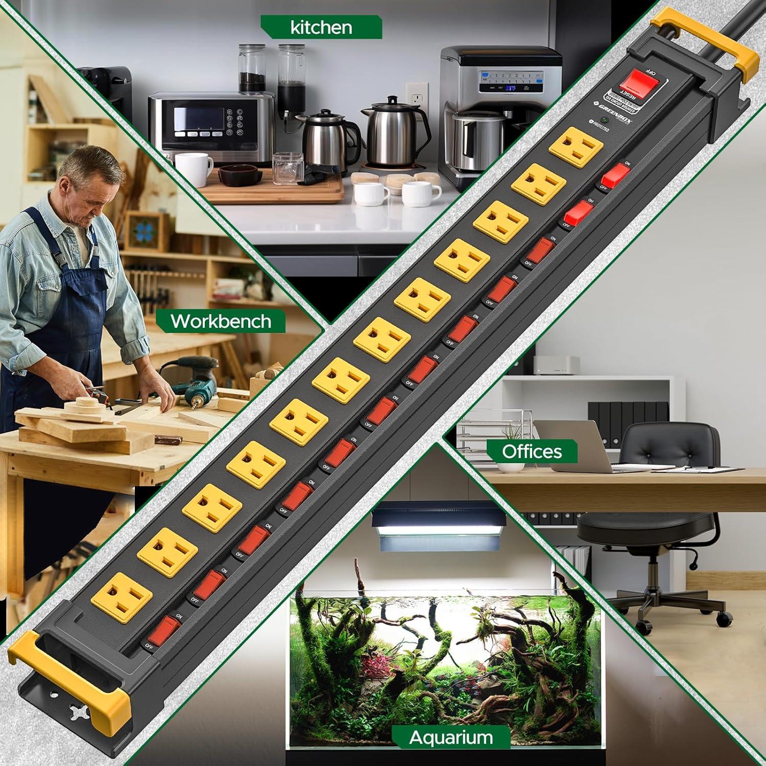 Regleta de Enchufes Green Box 12 Salidas 3300J Metal 6 pies