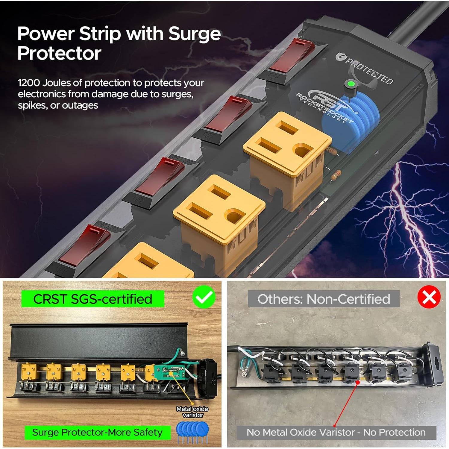 Tira de Energía CRST 6 Salidas Metal 1200 Julios 6FT