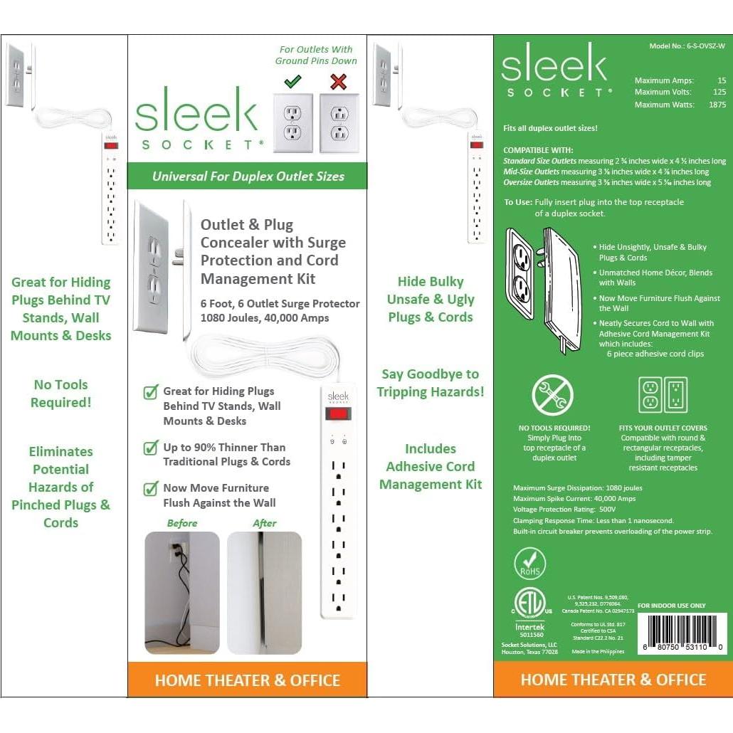 Sleek Socket Ocultador de Enchufes 6 Pies con Protección