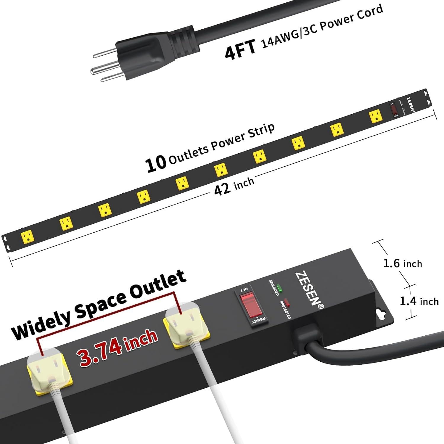 Regleta de Potencia ZESEN 10 Salidas 1200 Joules 1.2m