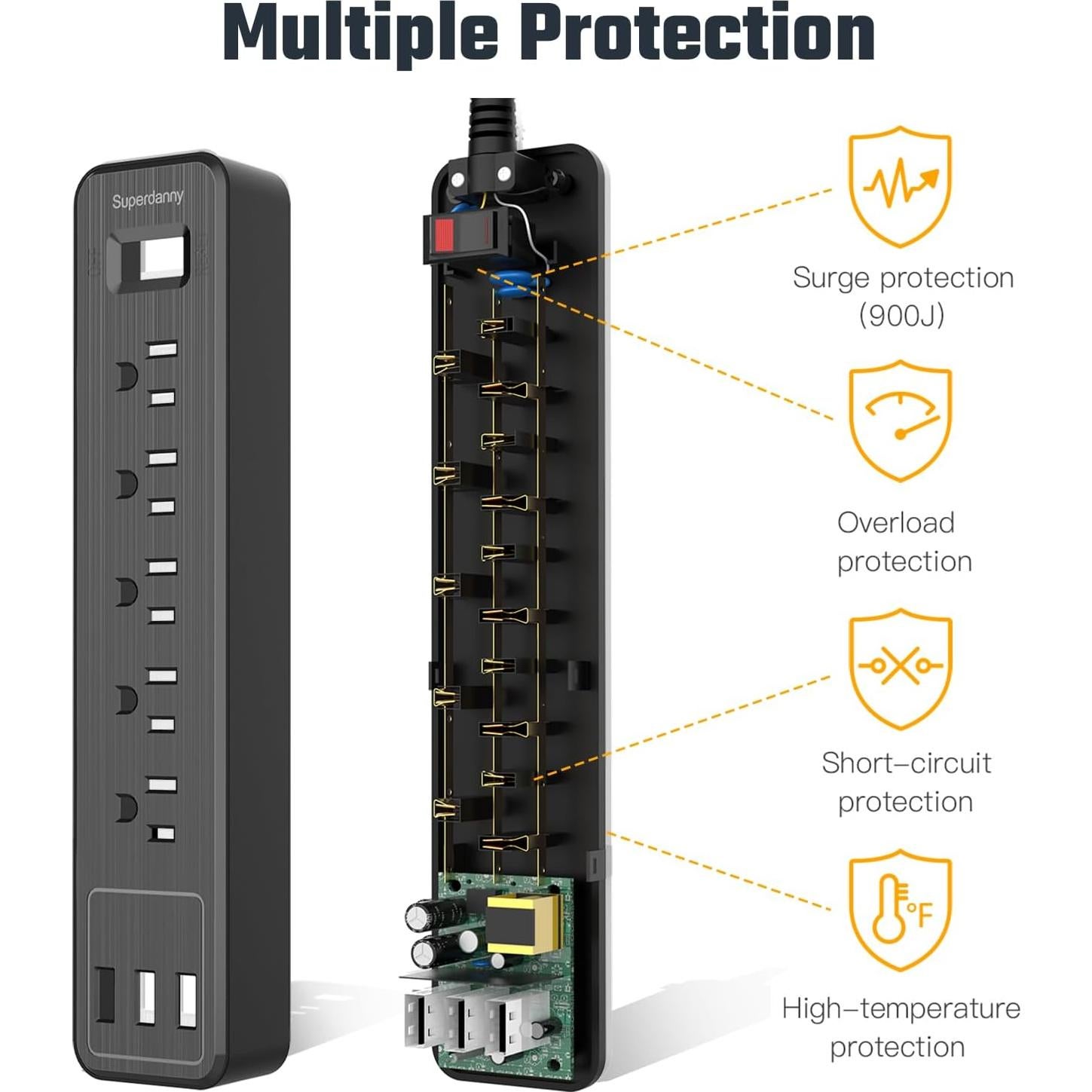 Regleta de 5 Salidas y 3 USB SUPERDANNY 1.37m Negro