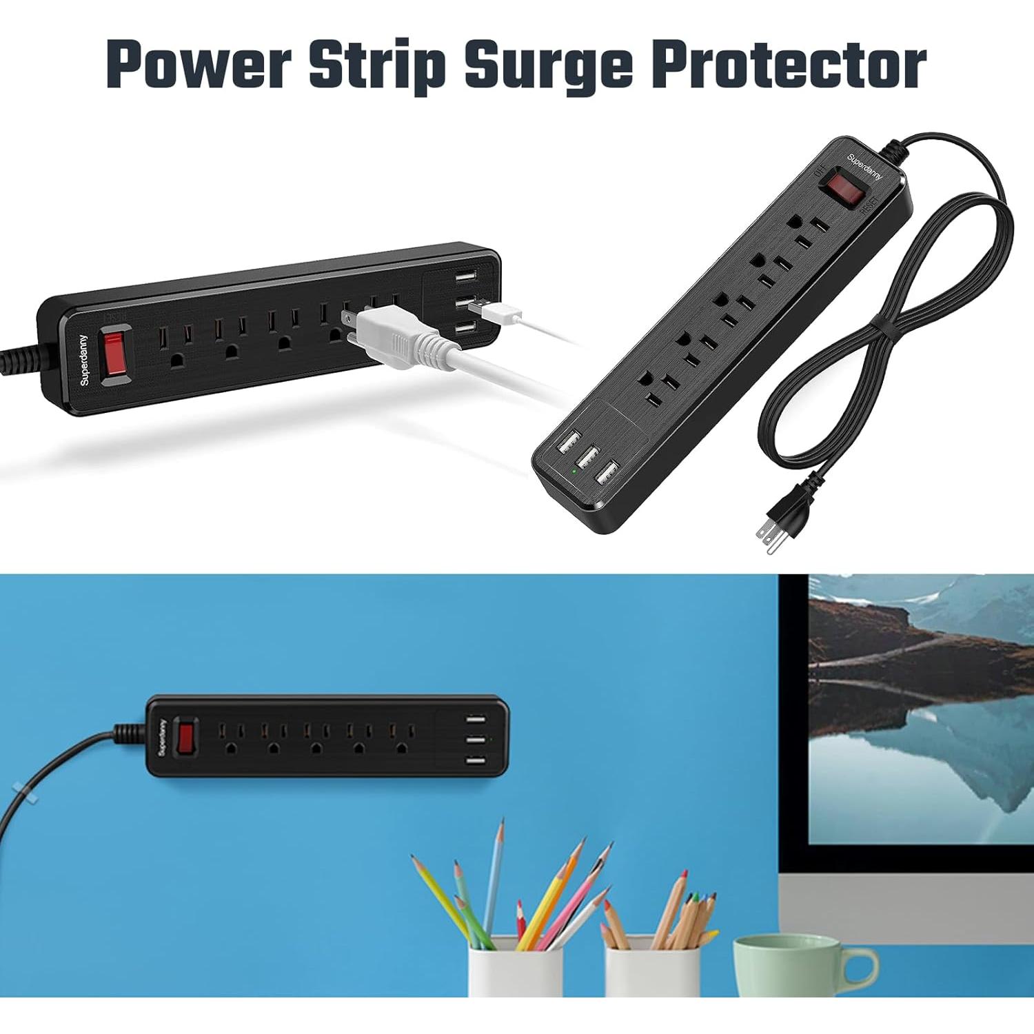 Regleta de 5 Salidas y 3 USB SUPERDANNY 1.37m Negro