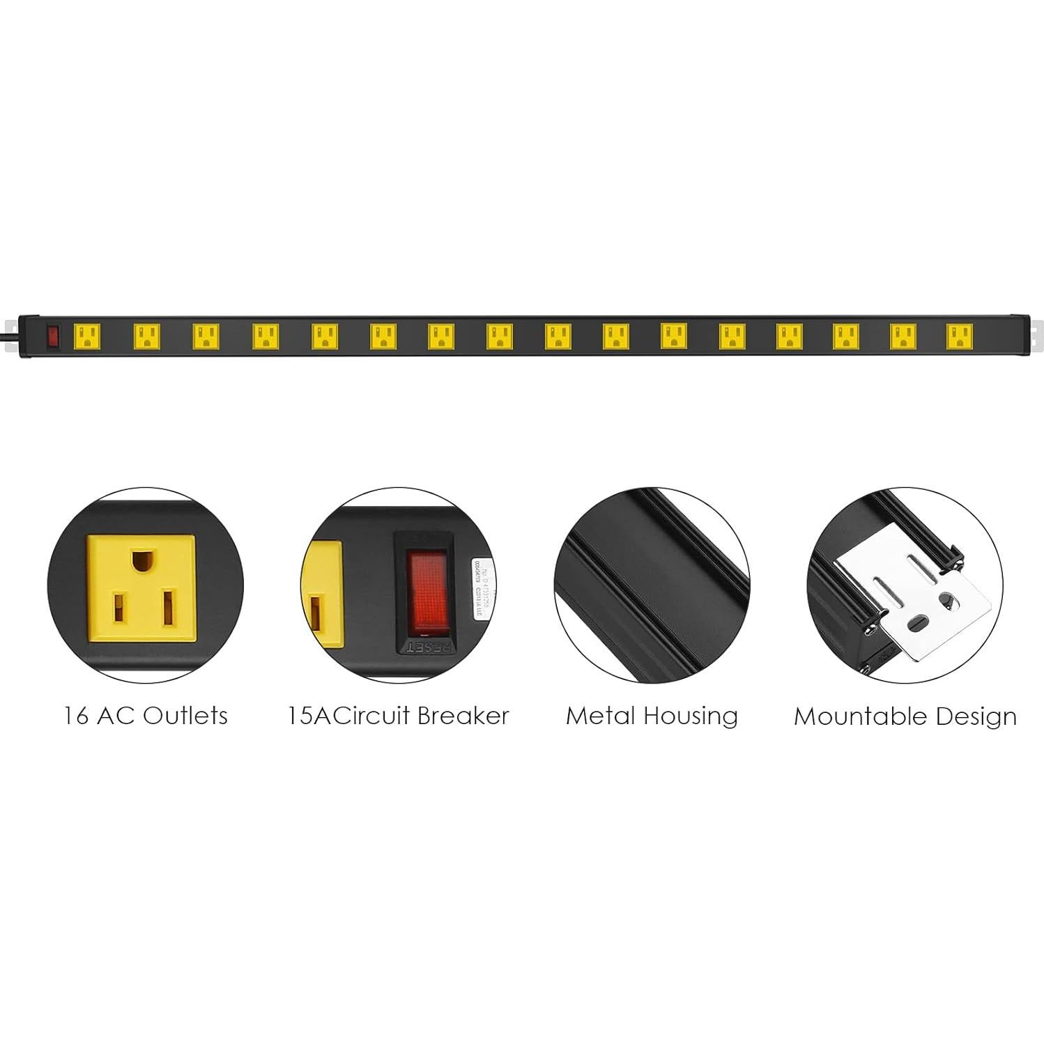 Tira de Poder Metálica JUNNUJ 16 Salidas 6 PIES 15A Amarillo