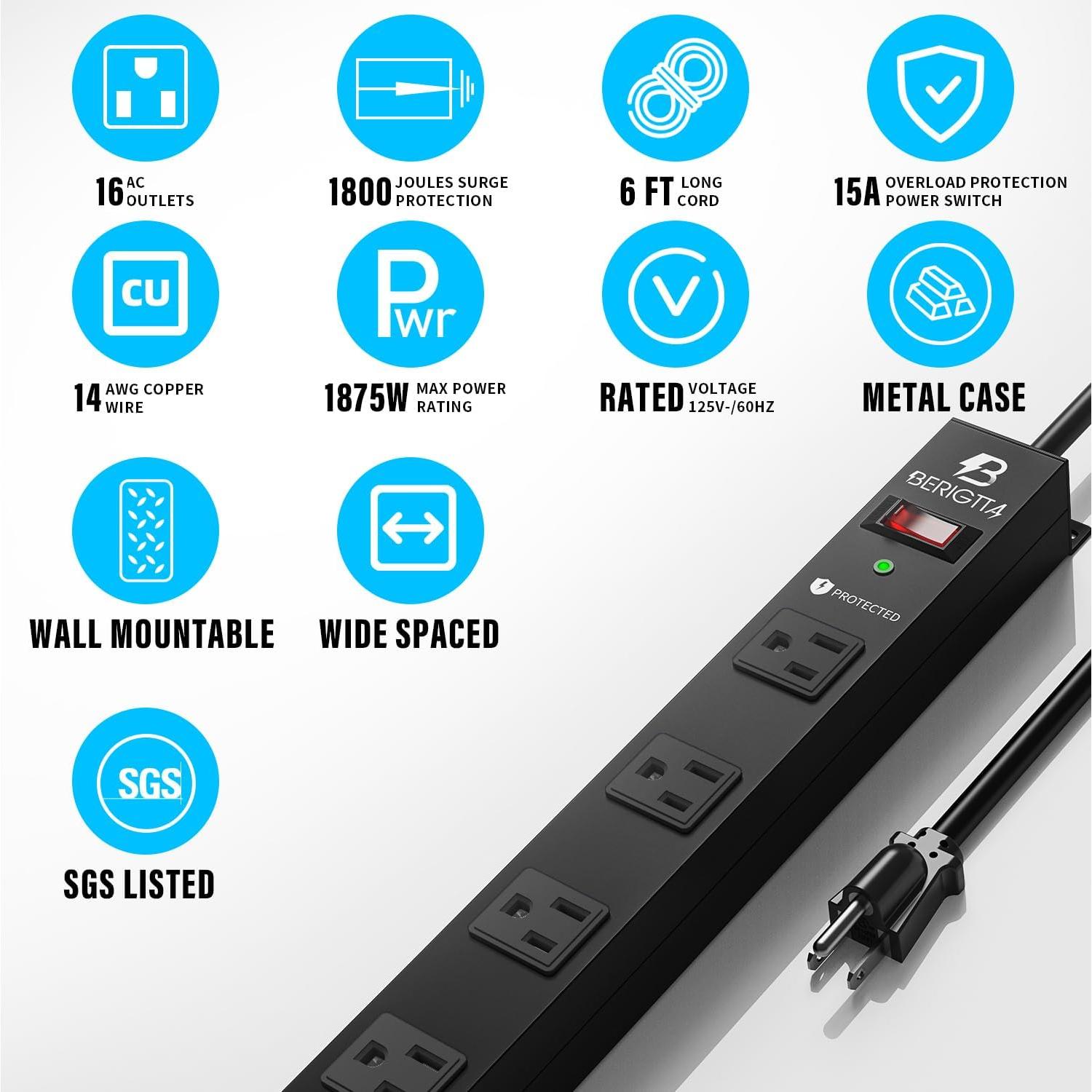 Tira de Alimentación Metálica Berigtta 16 Salidas 1800J 1.83m