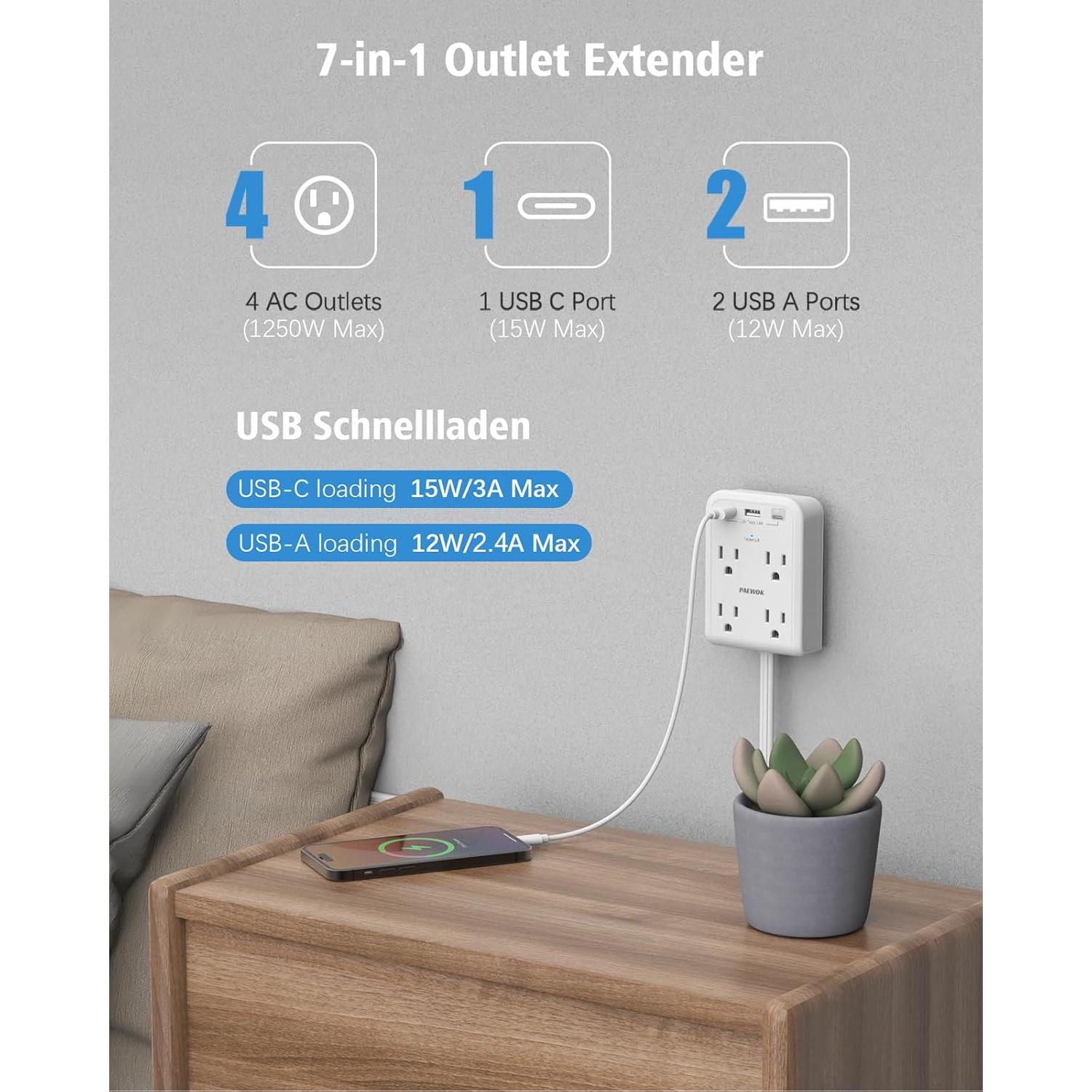 Extensor de Enchufe Eléctrico PAEWOK 4 Salidas 3 USB Blanco
