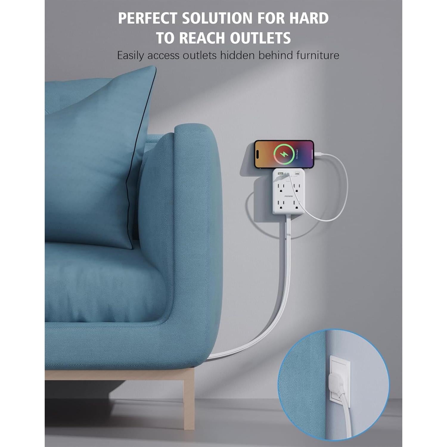 Extensor de Enchufe Eléctrico PAEWOK 4 Salidas 3 USB Blanco