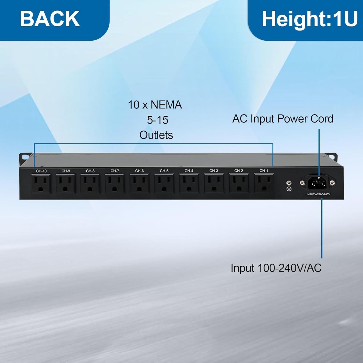PDU Montaje en Rack 10 Salidas ThePoE 1U 15A 100-240V