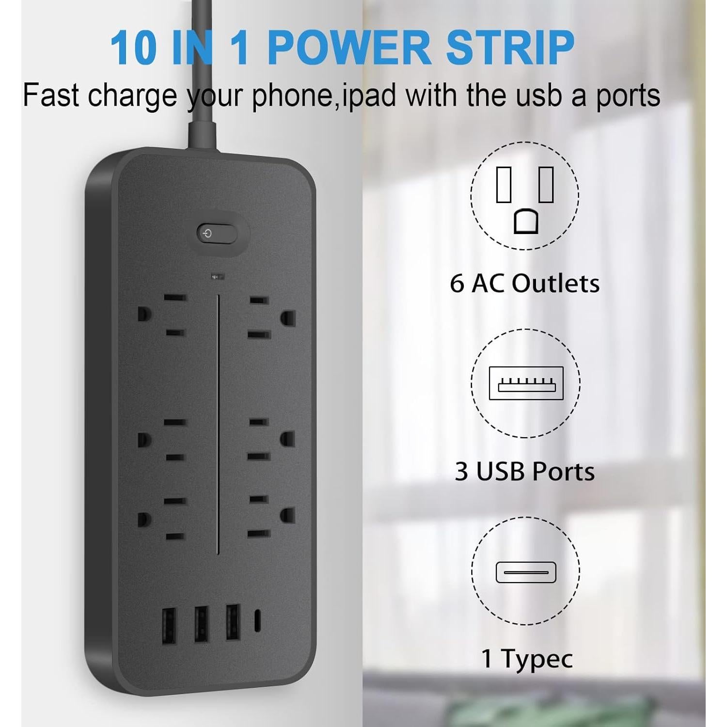 Regleta de Protección Sobretensiones KEVEIU 6 Salidas 4 USB 1 USB-C