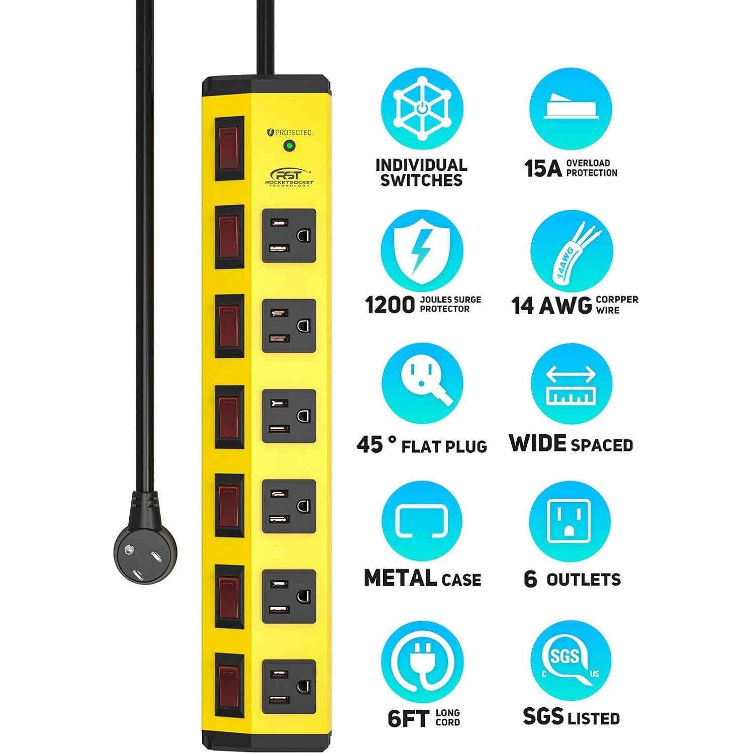 Regleta de Metal CRST 6 Salidas 15A 1200J con Interruptores