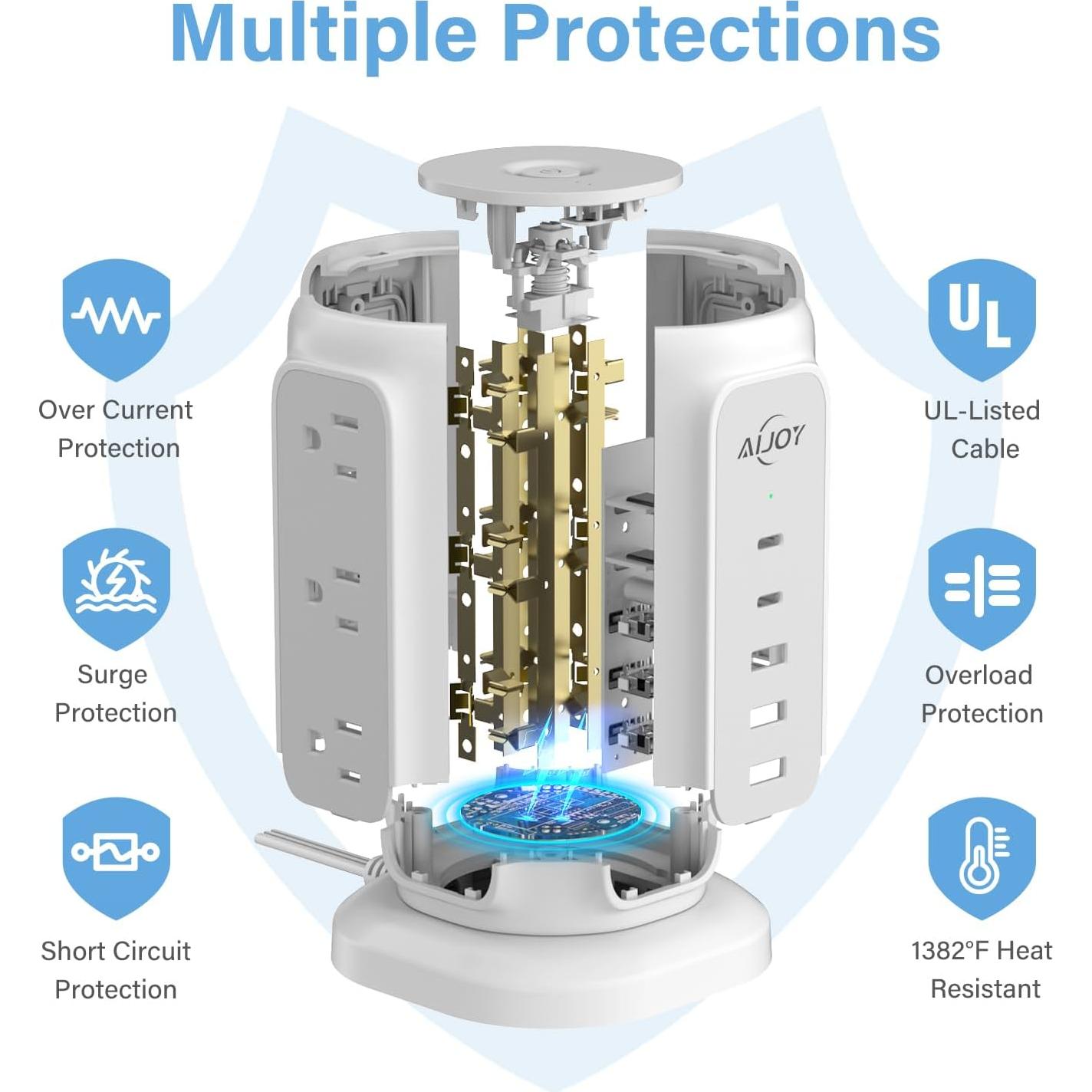 Torre Regleta Enchufes AiJoy 9 Salidas 5 USB 1200J 2m