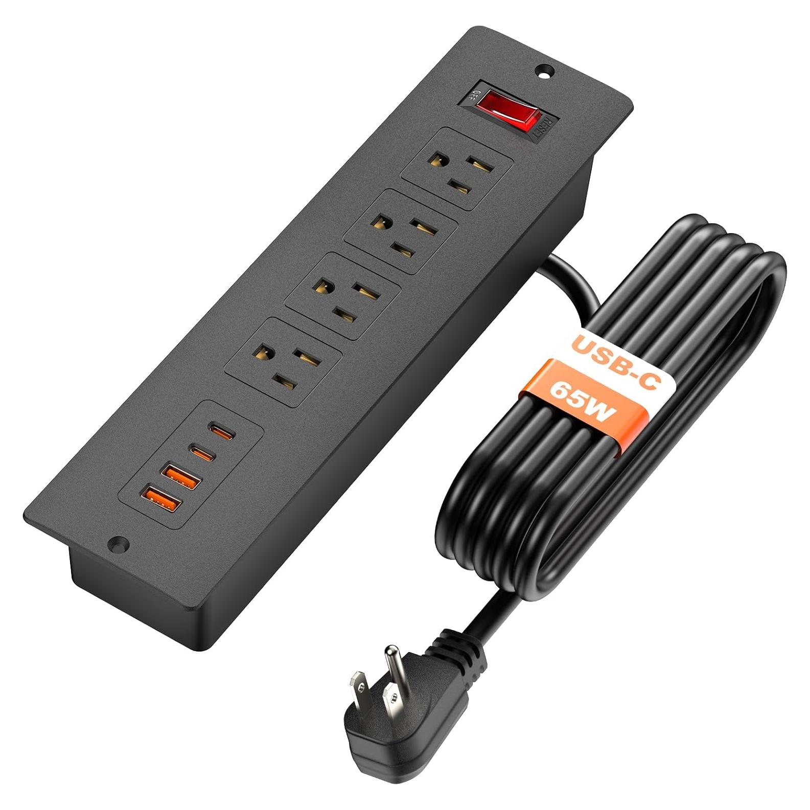 Tira de Energía Empotrada QBA 65W con 4 Salidas USB-C y USB-A