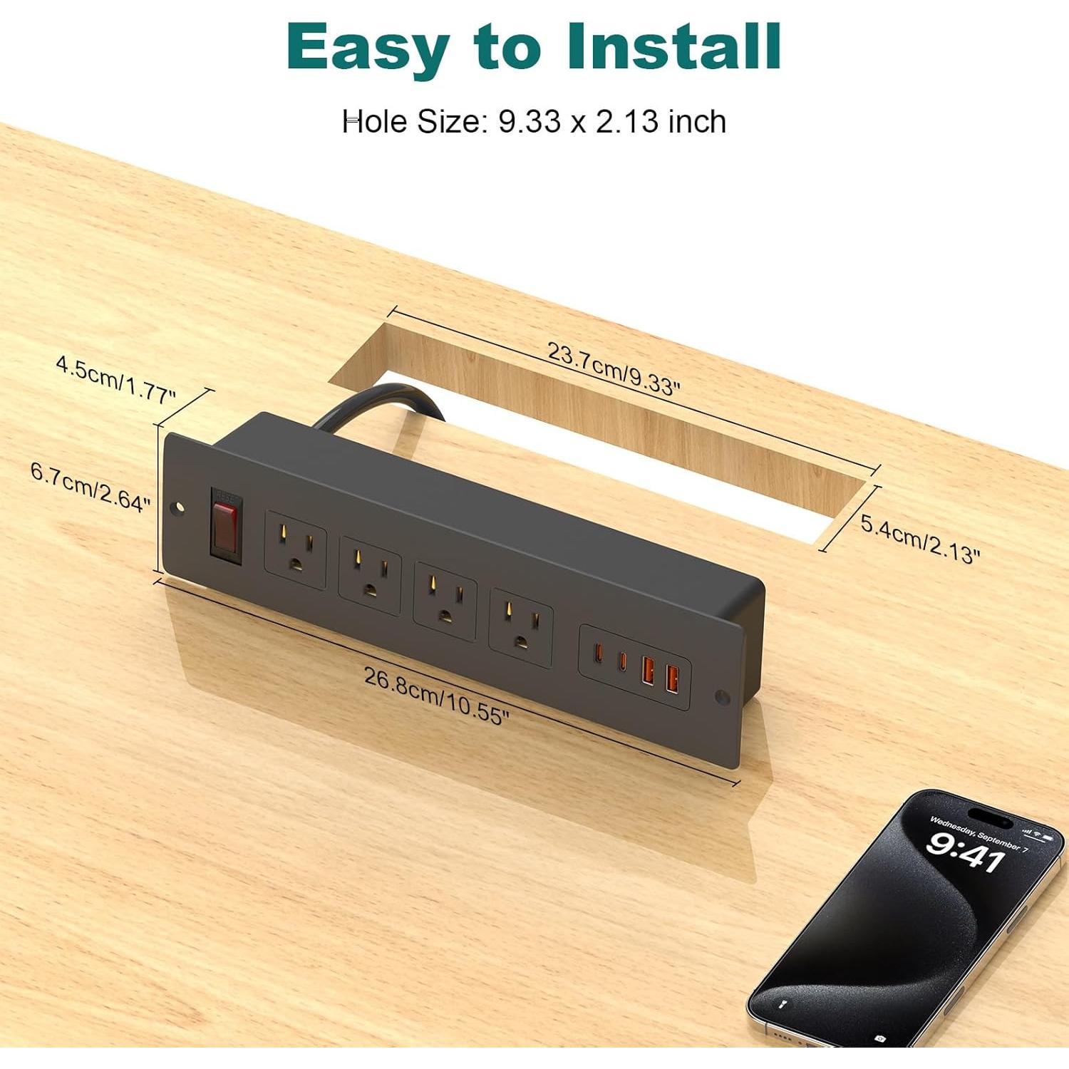 Tira de Energía Empotrada QBA 65W con 4 Salidas USB-C y USB-A