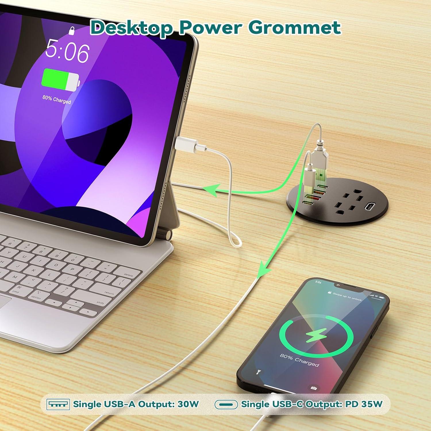 Grommet de Poder Empotrado QBA 35W USB-C 2 Salidas 4 USB HDMI