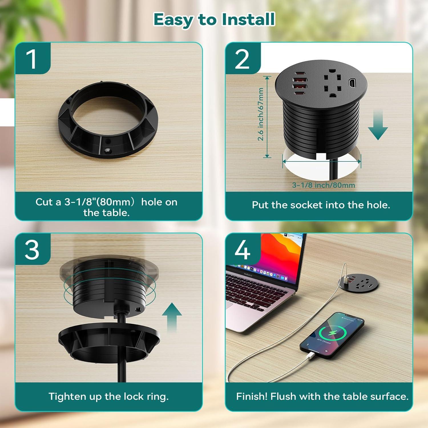 Grommet de Poder Empotrado QBA 35W USB-C 2 Salidas 4 USB HDMI