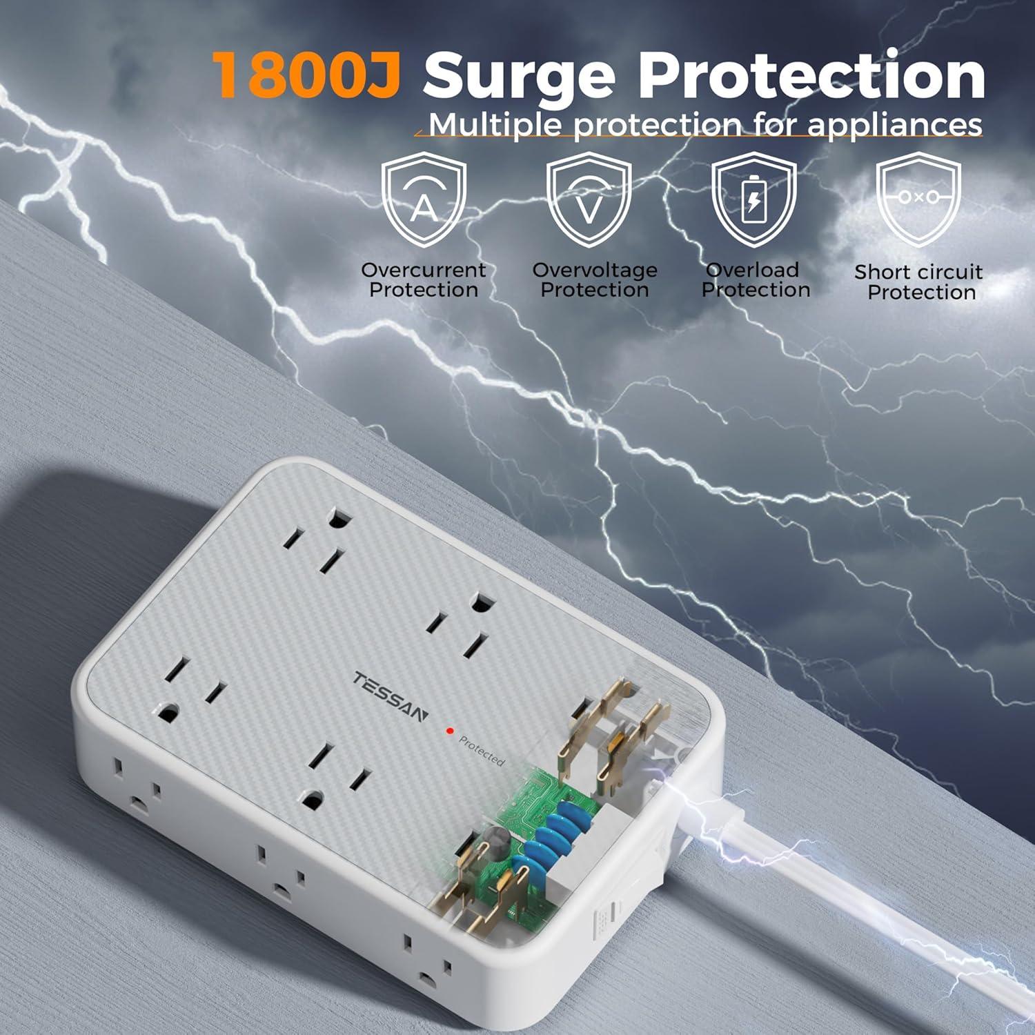 Regleta de Protección TESSAN 12 Salidas AC 4 USB 5FT Gris